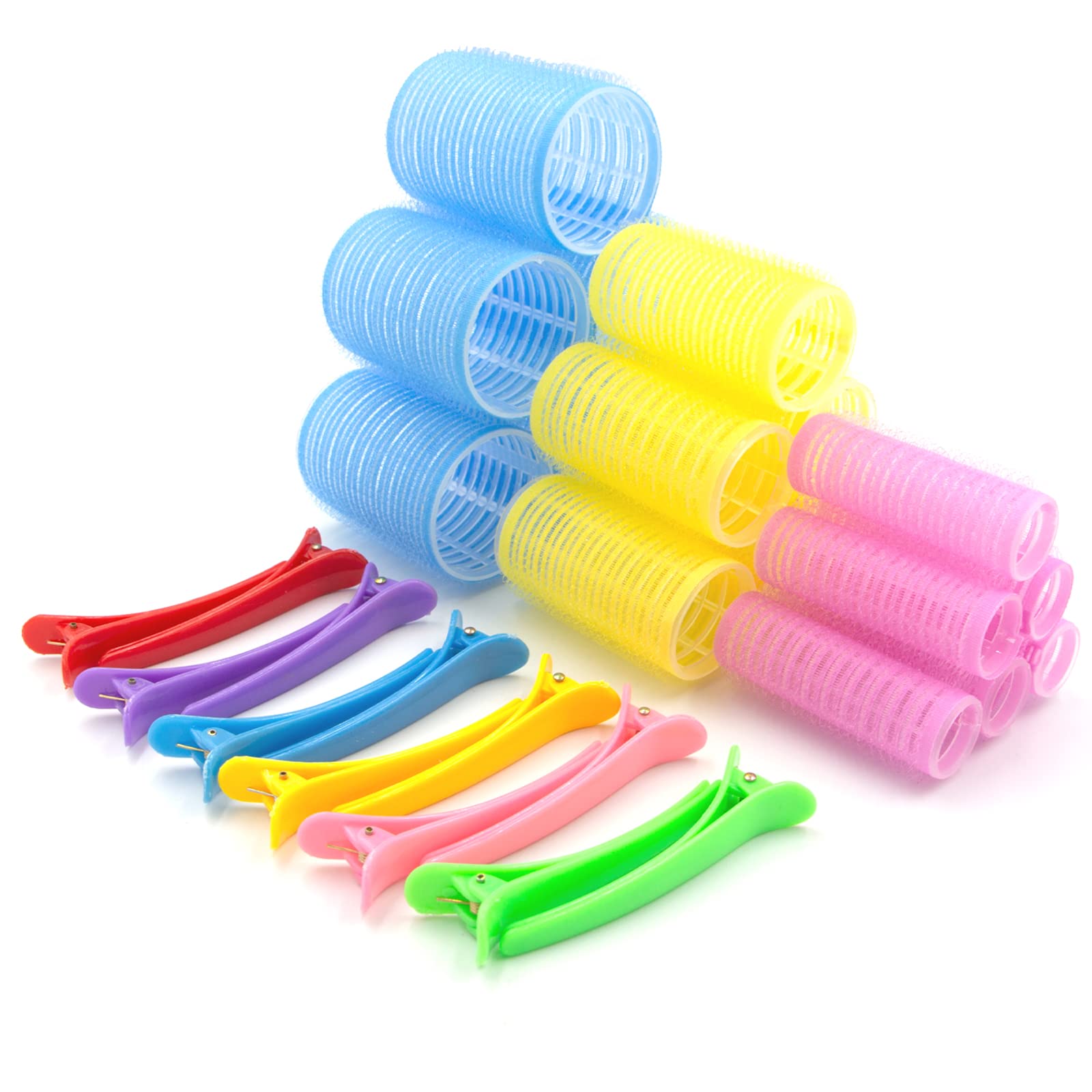 30 Pcs Hair Rollers Set - 18 Self Grip Velcro Rollers & 12 Duckbill Clips (Small 25mm, Medium 36mm, Large 44mm) for Volume & Styling - Perfect for Home Salon, Party Hairstyles & Daily Curls