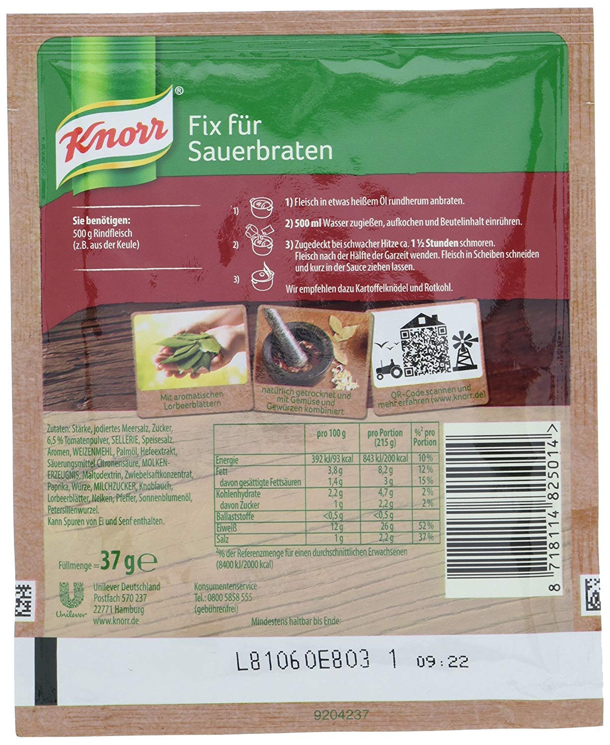 Knorr Fix German Style Pot Roast Sauerbraten 37g | Authentic German Seasoning Mix | Easy Home Cooking | Pack of 1 | Perfect for Slow Cooker, Oven & Family Dinners