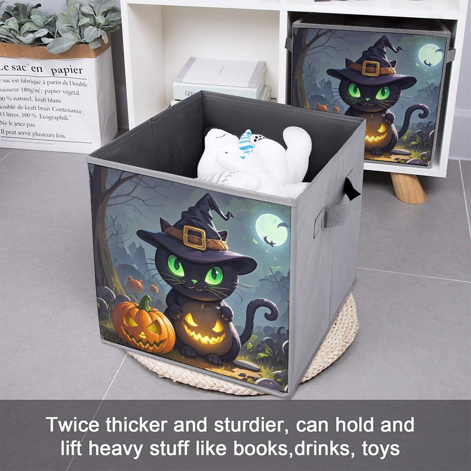 2PCS Foldable Storage Bins - Large Capacity Cat Halloween Printed Storage Boxes with Handles for Playroom, Office & Home Organization | Perfect for Toys, Books & Seasonal Decor Storage