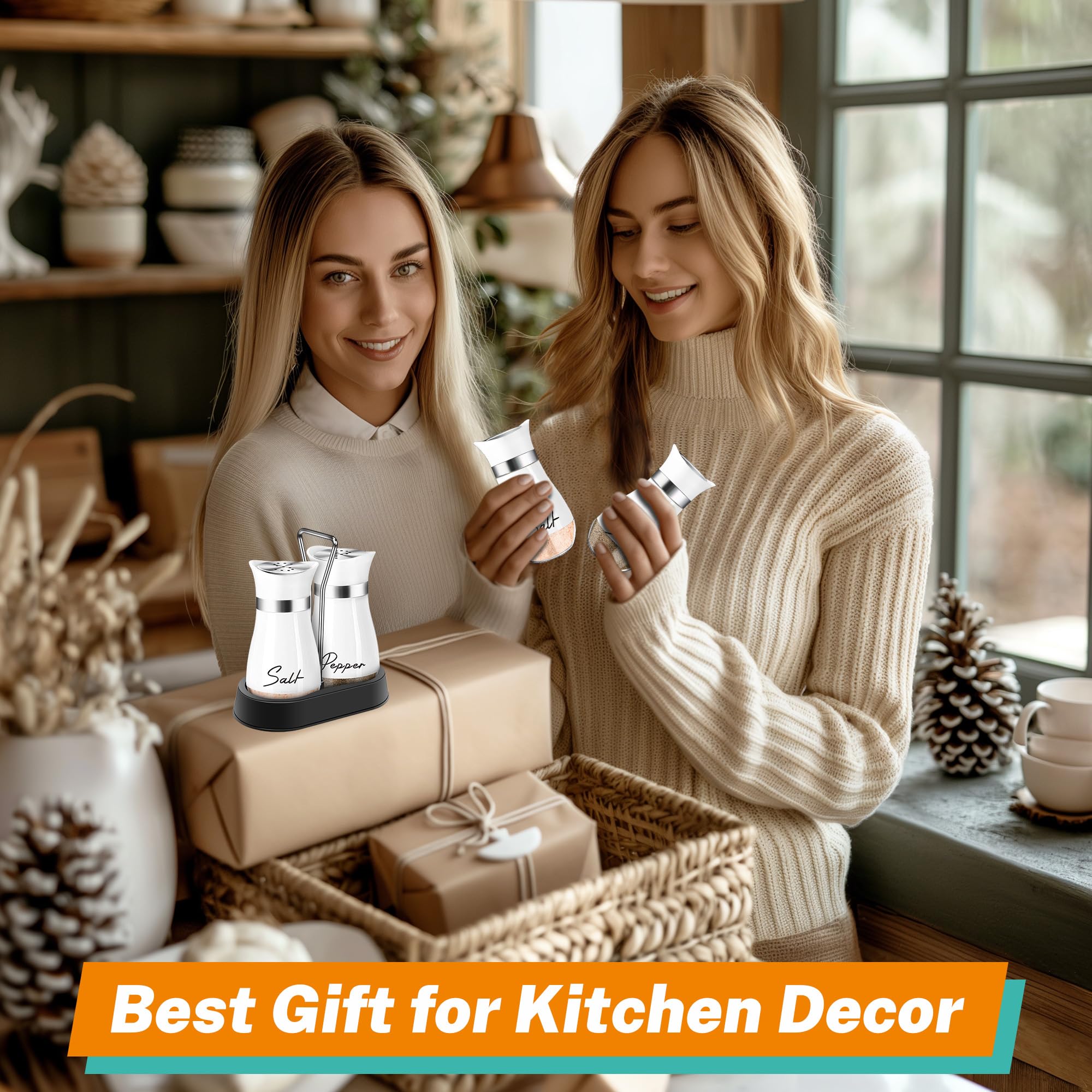 Premium White Salt and Pepper Shakers Set with Stand - 4 oz Refillable Kitchen Accessories for Restaurants, Home & Gifts - Perfect for Dining Tables, Kitchen Countertops and Housewarming Presents