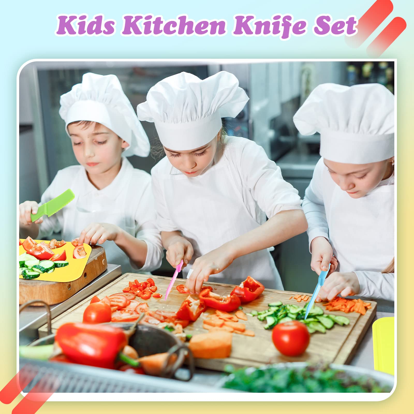 Yinkin 20-Piece Kids Plastic Knife Set with Cutting Board - Safe Toddler Cooking Tools (10 Child-Safe Knives + 10 Chopping Boards) - Perfect for Preschool Cooking Club, Home Kitchen Learning & Montessori Activities