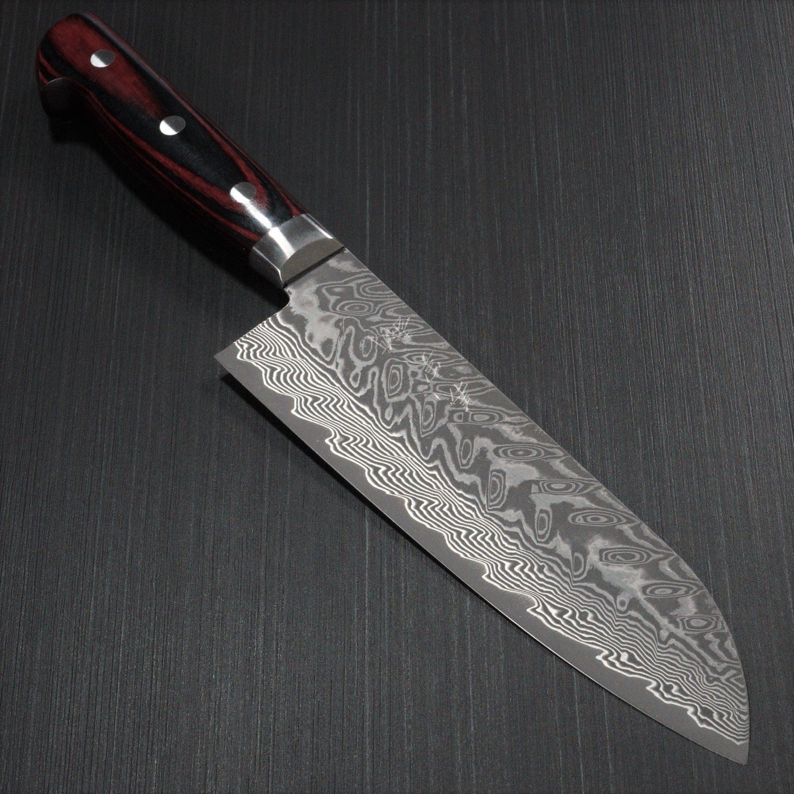 Premium Japanese Yoshimi Kato SG2 Super Gold 2 Damascus Santoku Knife - V-Shaped Black Blade with Red Handle - Perfect for Slicing, Dicing & Chopping Vegetables, Meat & Fish