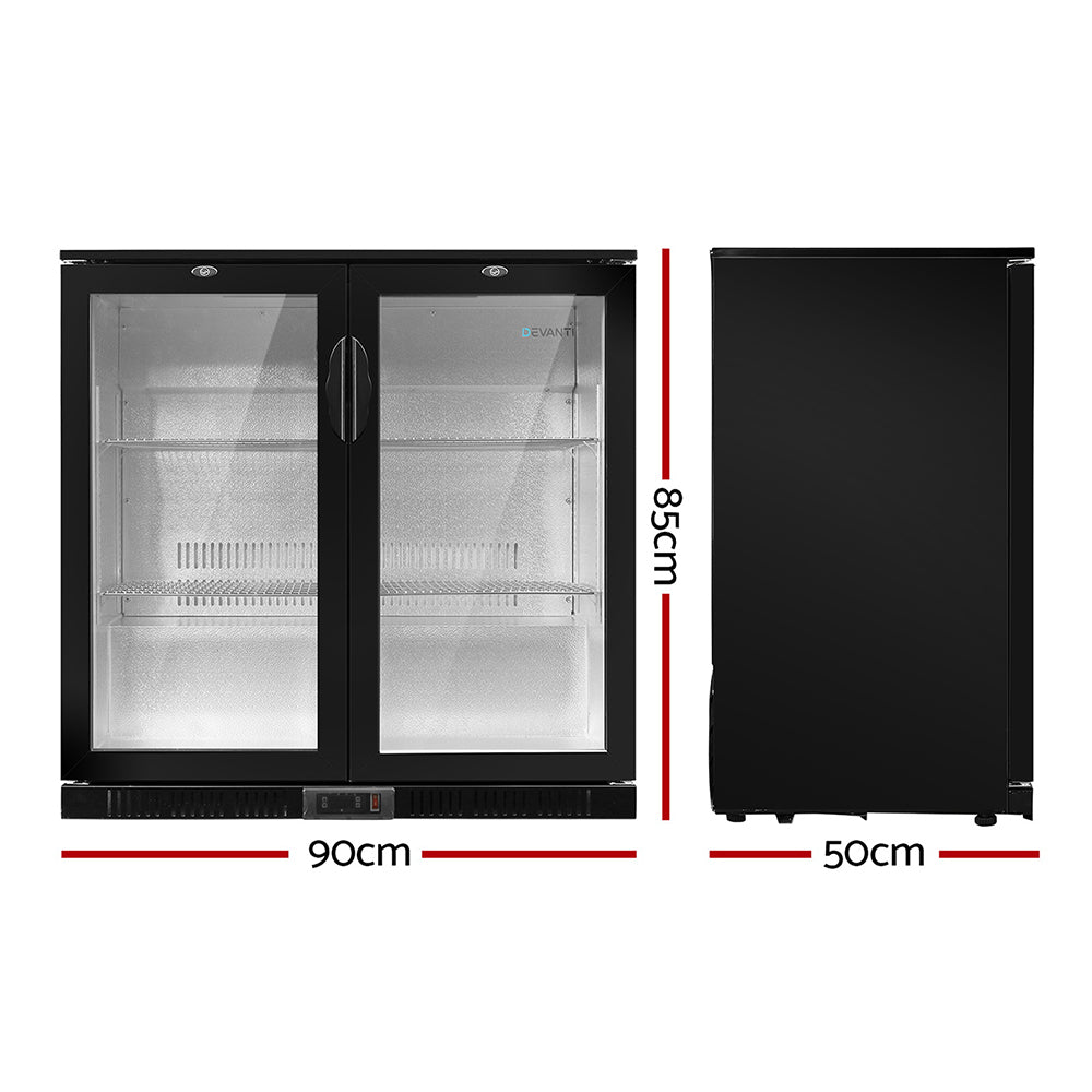 Devanti 198L Bar Fridge with Dual Glass Door & Interior Light - Black - Perfect for Home Bars, Offices, and Entertainment Spaces