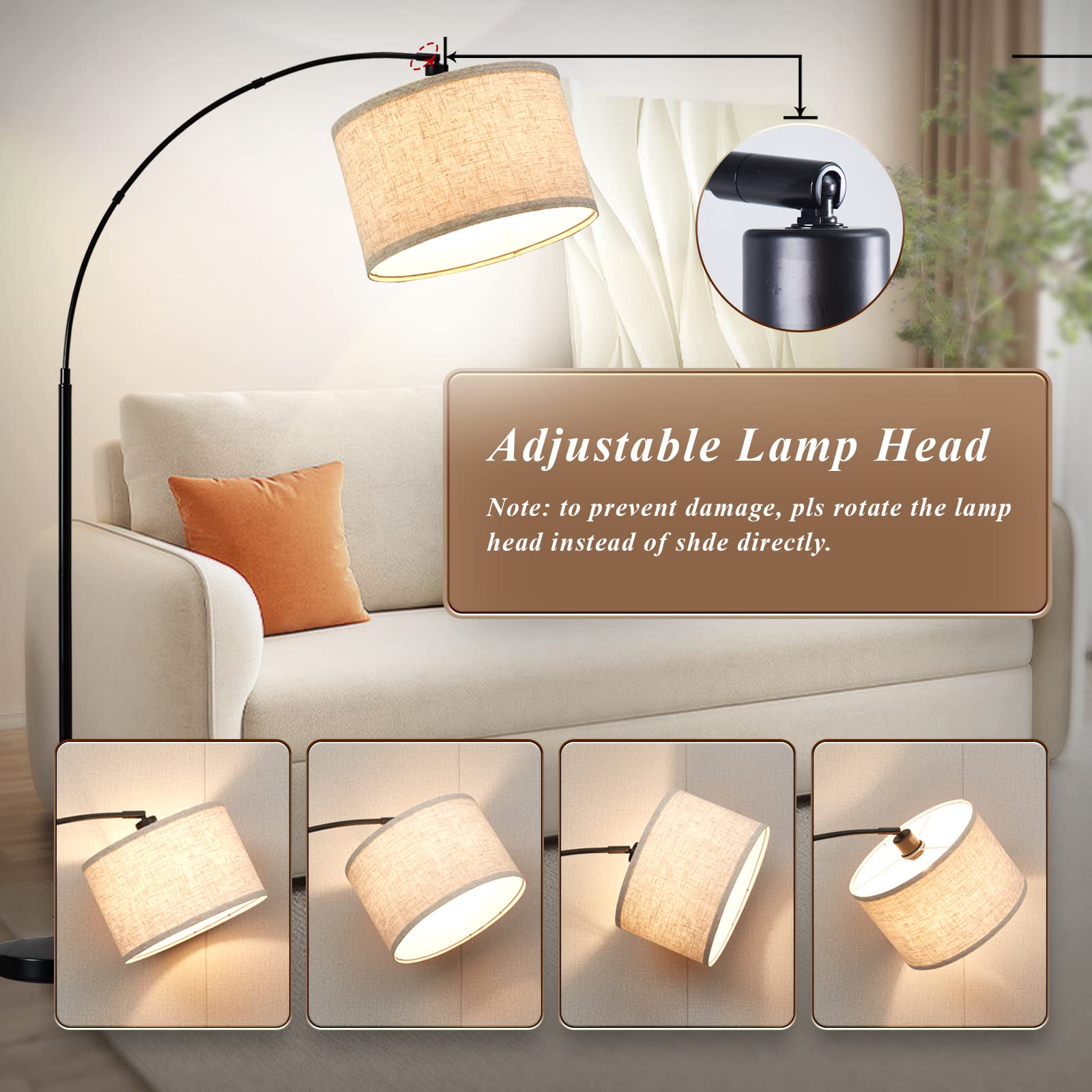 Modern Dimmable Arc Floor Lamp with Adjustable Head - Black Standing Light for Living Room, Bedroom & Office - Includes 8W LED Bulb - Perfect for Reading, Over Couch Lighting & Home Decor