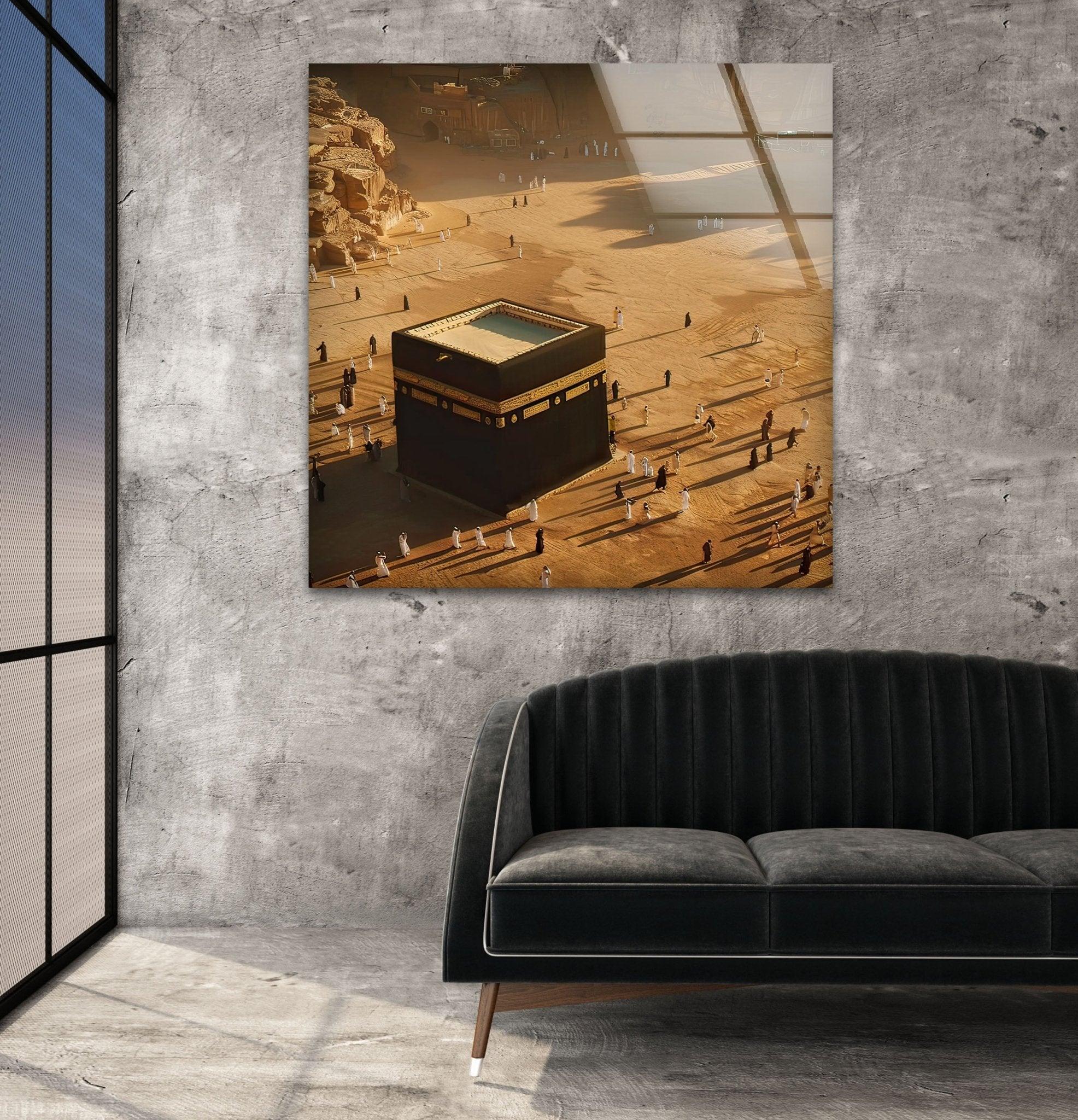 Stunning Aerial View Kaaba Glass Wall Art - Islamic Home Decor for Living Room, Mosque & Office - Perfect Muslim Gift for Eid & Ramadan