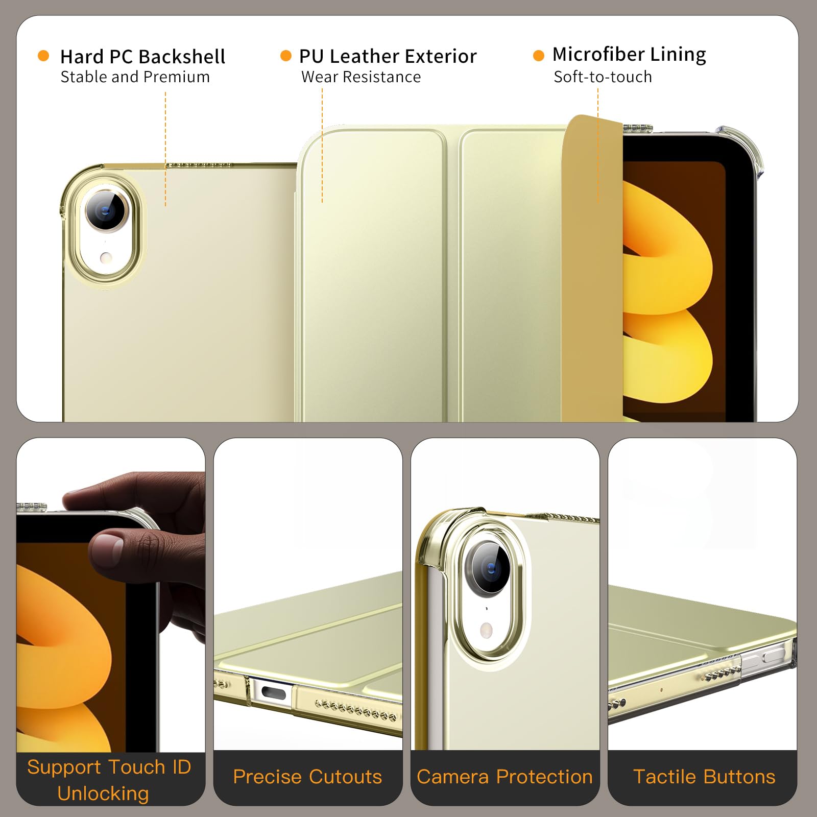 MoKo iPad Mini 7 (A17 Pro) & iPad Mini 6 Case - Slim Lightweight Protective Hard Back Cover with Auto Wake/Sleep & Touch ID Support - 8.3 Inch Stand Case in Champagne Gold - Perfect for Work, Travel & Everyday Use