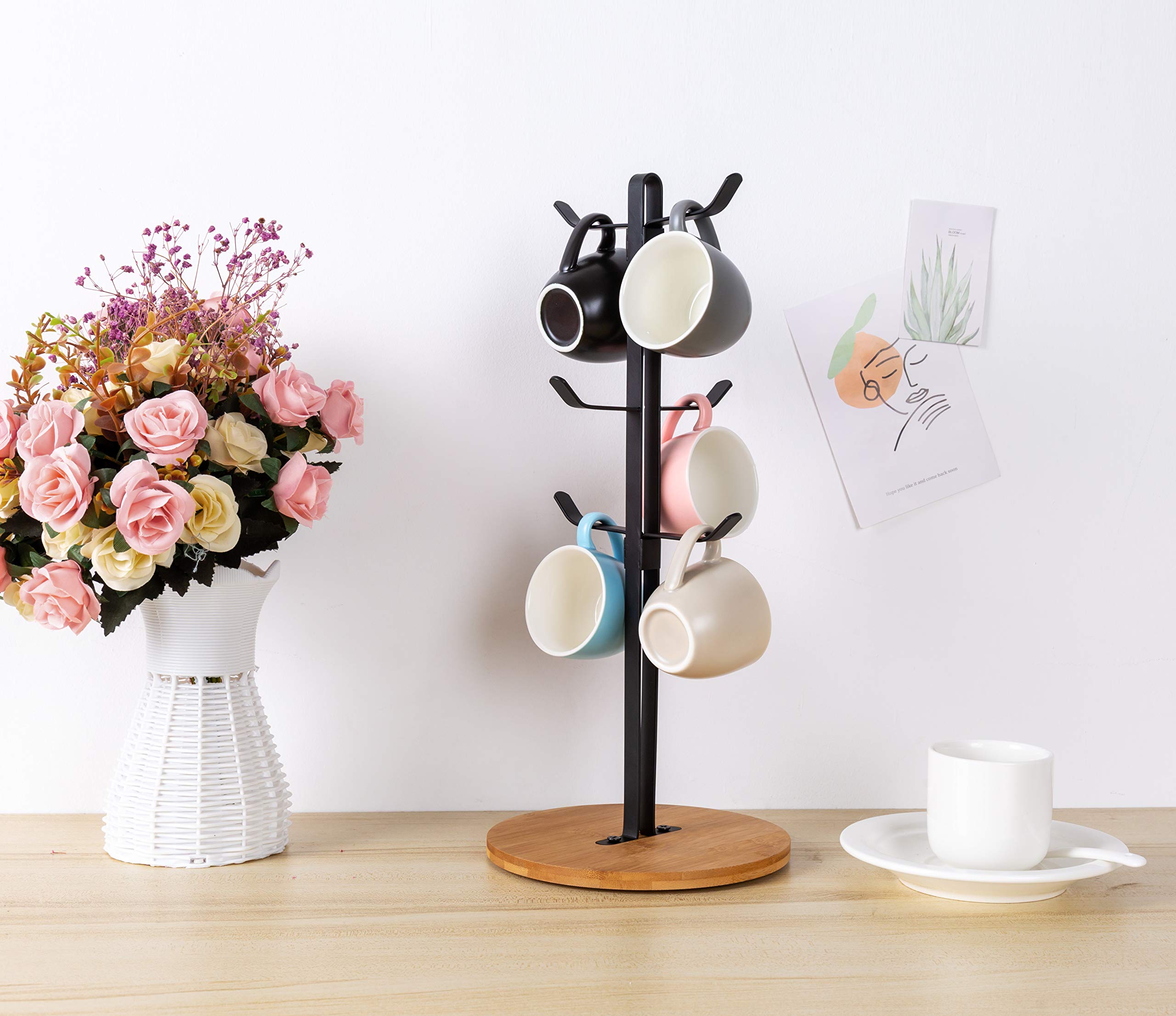 TIEYIPIN Bamboo Coffee Mug Holder with 6 Hooks - Espresso Cup Organizer, Mug Tree Stand for Kitchen Counter & Coffee Bar - Perfect for Home, Office or Cafe Decor