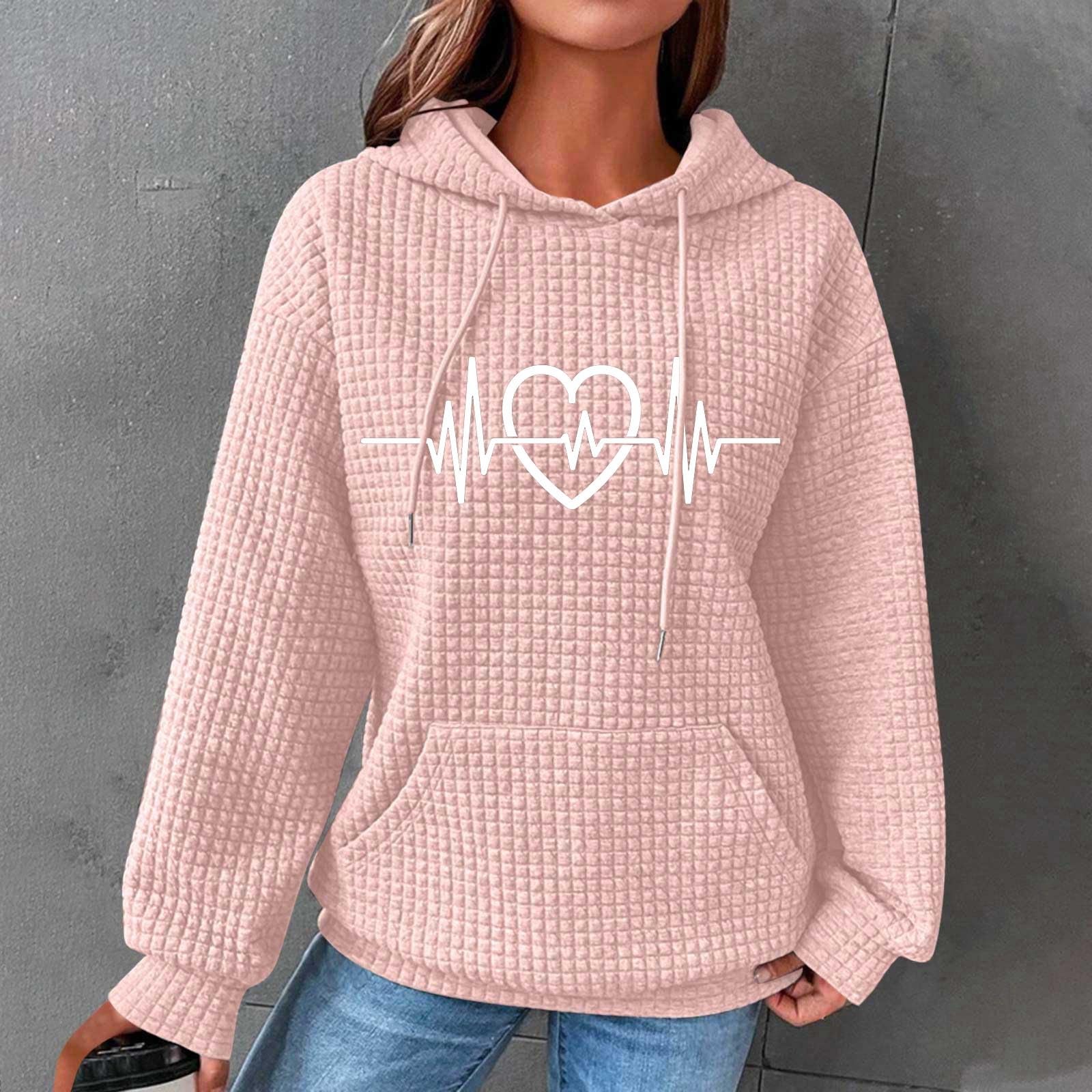 Women's 2024 Fall Casual Waffle Long Sleeve Pullover Sweatshirt with Drawstring Hood & Heart Print Pockets - Cozy Lounge Wear for Autumn Outings and Coffee Dates