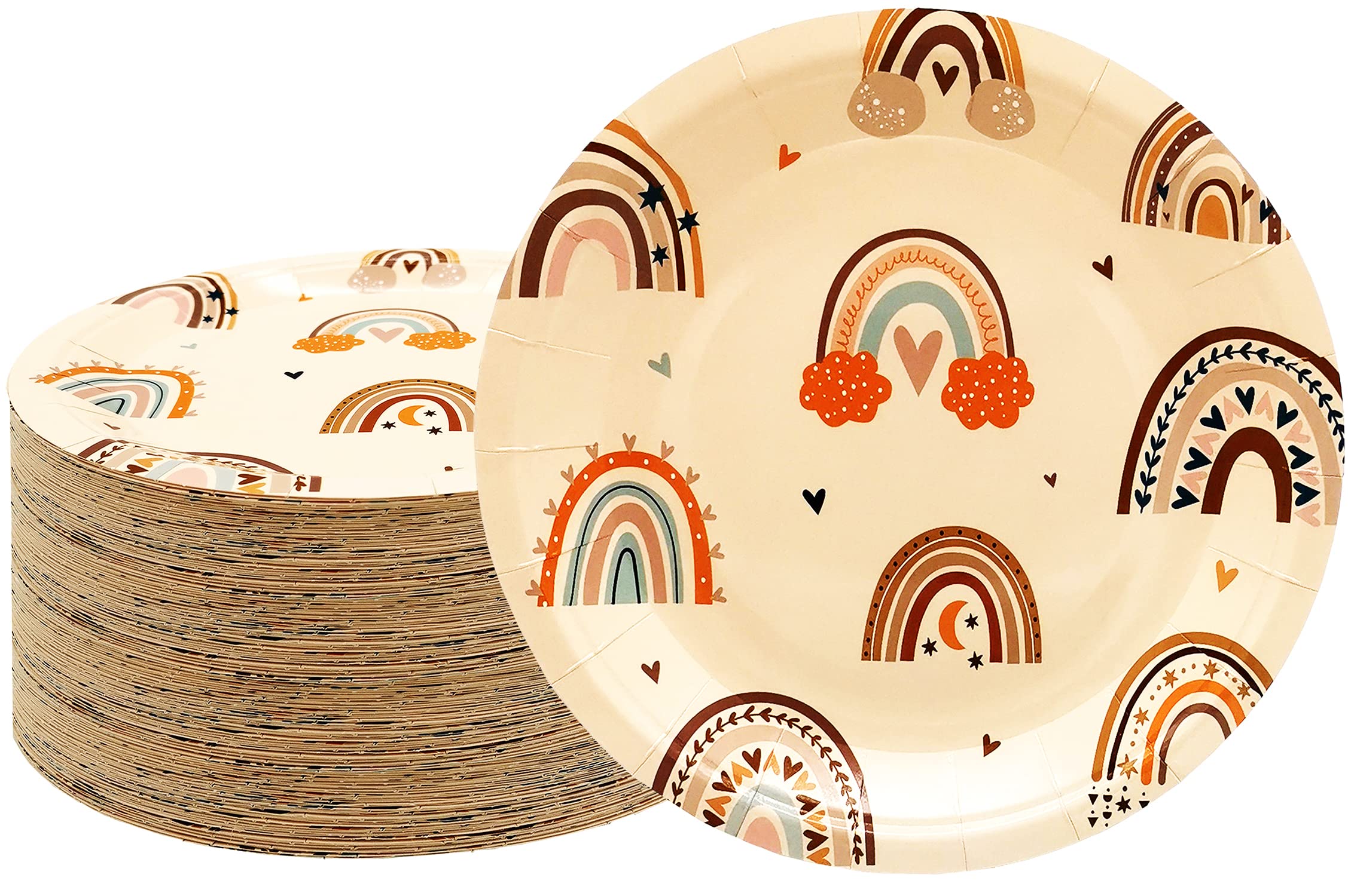 50Pcs Boho Rainbow Party Plates, 7 Inch Disposable Paper Plates for Kids Birthday, Baby Shower & Boho Themed Parties - Colorful Tableware for Festive Celebrations and Decorations