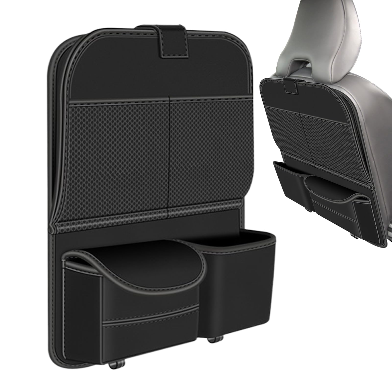 Car Back Seat Organizer with Storage Pockets - Foldable Kick Mats & Food Tray for Kids - Waterproof Seat Protector for Travel, Road Trips & Family Outings