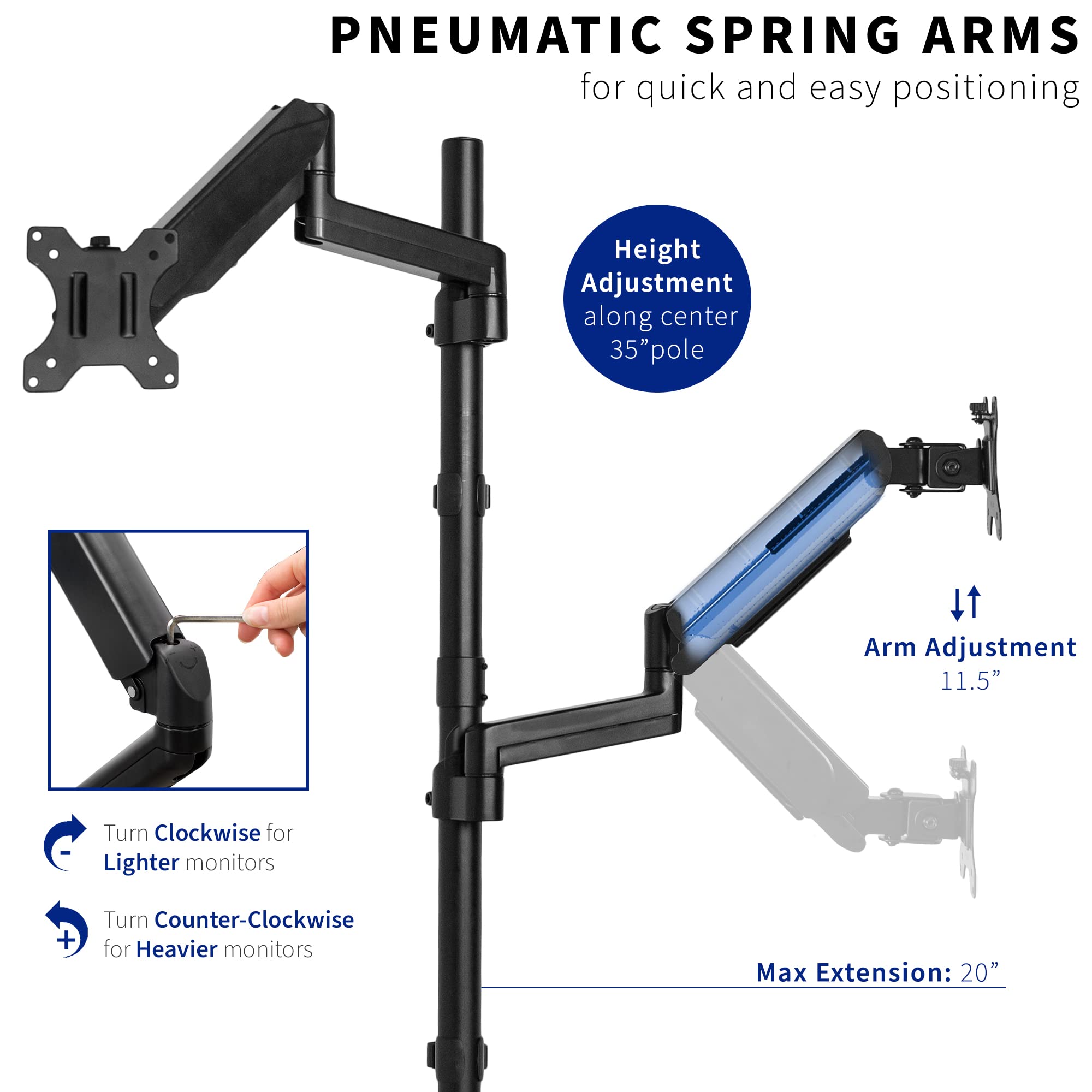 VIVO Dual Monitor Arm Stand - Extra Tall Heavy Duty Mount for 32 Inch Screens, Pneumatic Height Adjustment, Full Motion Articulating VESA Mount with C-Clamp & Grommet Base - Perfect for Home Office, Gaming & Workstation Setup