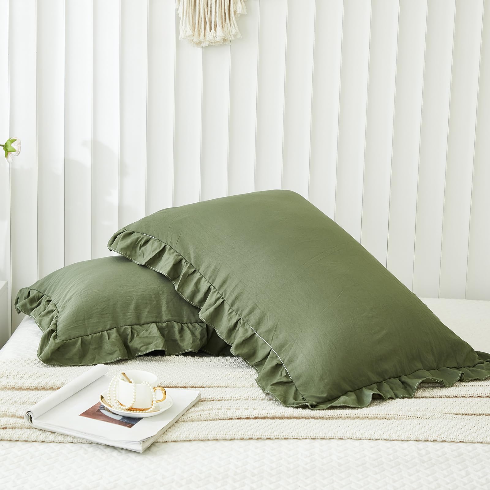 Olive Green Ruffled Pillow Shams Set of 2 - King Size 20x36 Inches - Shabby Chic Decorative Pillowcases with Fringe Design for Bedroom, Living Room, Sofa & Home Decor