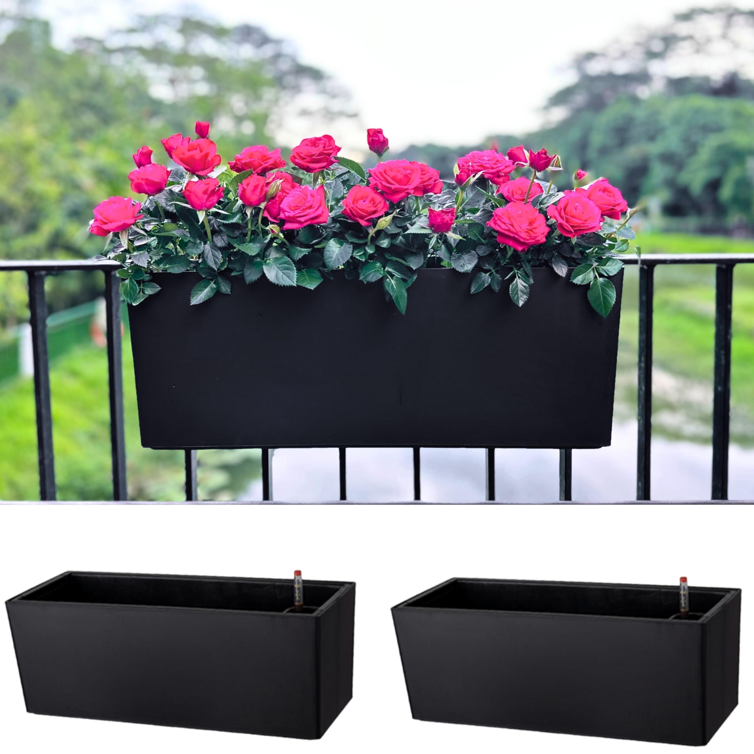 LaLaGreen 20 Inch Self Watering Railing Planter (2 Pack) - Large Black Rectangular Balcony Planters with Brackets, Rattan Pattern Plastic Deck Fence Window Box - Perfect for Outdoor Gardens, Patio Decor & Apartment Balcony Greenery