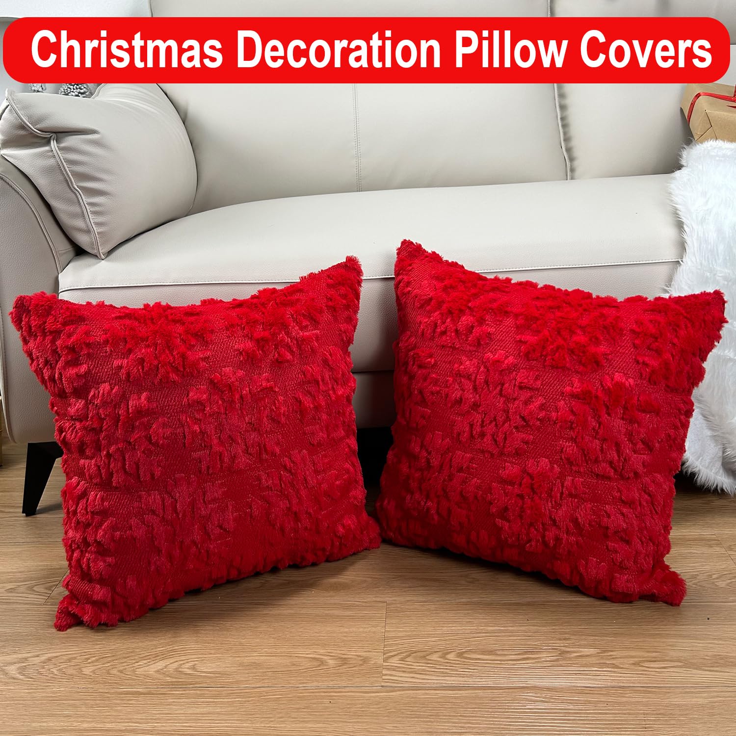 18x18 Inch Christmas Pillow Covers Set of 2 - Soft Faux Rabbit Fur with 3D Snowflake Embroidery - Holiday Decorative Throw Pillows for Sofa, Couch & Christmas Party Decor - Skin-Friendly with Invisible Zipper - Perfect for Living Room, Bedroom & Festive Home Decor