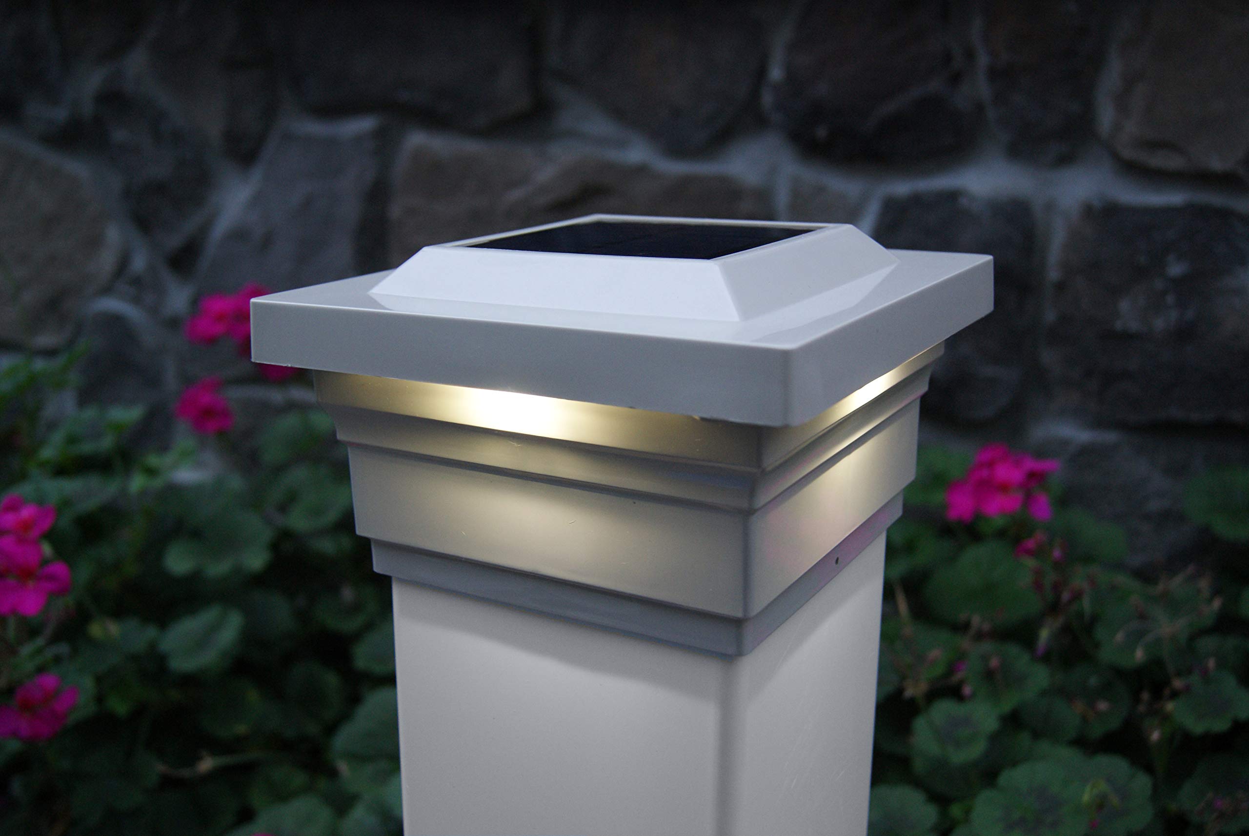Set of 2 Tan Brown Solar Powered Majestic Post Caps for 5x5 Fence Posts - Outdoor Lighting for Patio, Garden & Backyard Decor