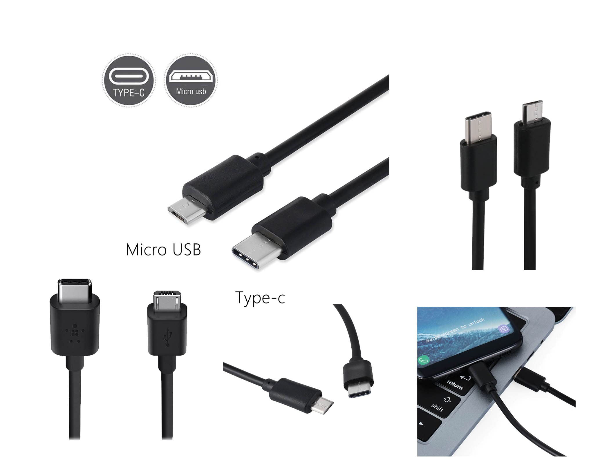 Fast Charging USB-C to Micro USB Adapter Cable - 480MB/s Data Transfer & OTG Sync - 2-in-1 Charging Cord (1M, Black) for Smartphones, Tablets & Power Banks