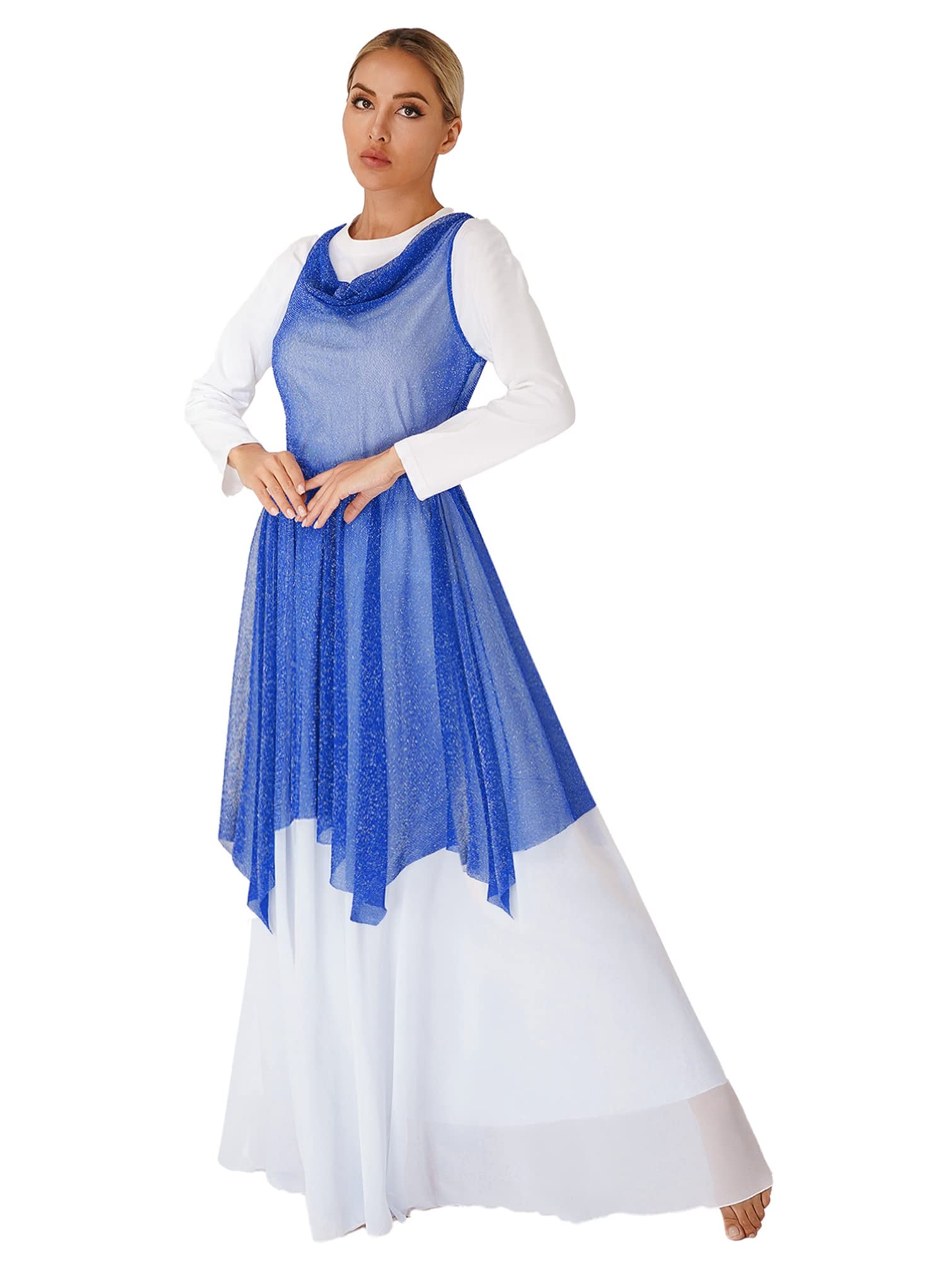 TiaoBug Women's Glittery See-Through Liturgical Dance Tunic - Praise Worship & Lyrical Dance Overlay Dress for Church Performances & Stage Costumes