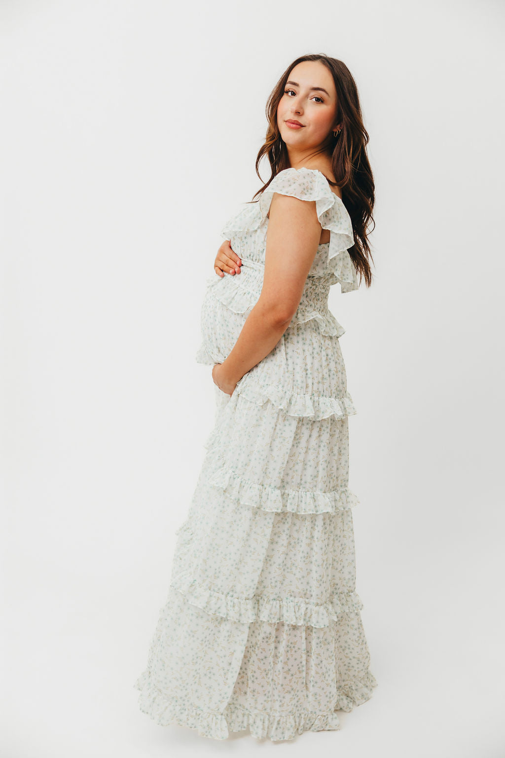 Astrid Ruffle Detail Maxi Dress in Sage Floral - Bump Friendly Maternity Dress for Pregnancy, Nursing & Special Occasions | Flowy Summer Dress for Beach, Wedding & Vacation