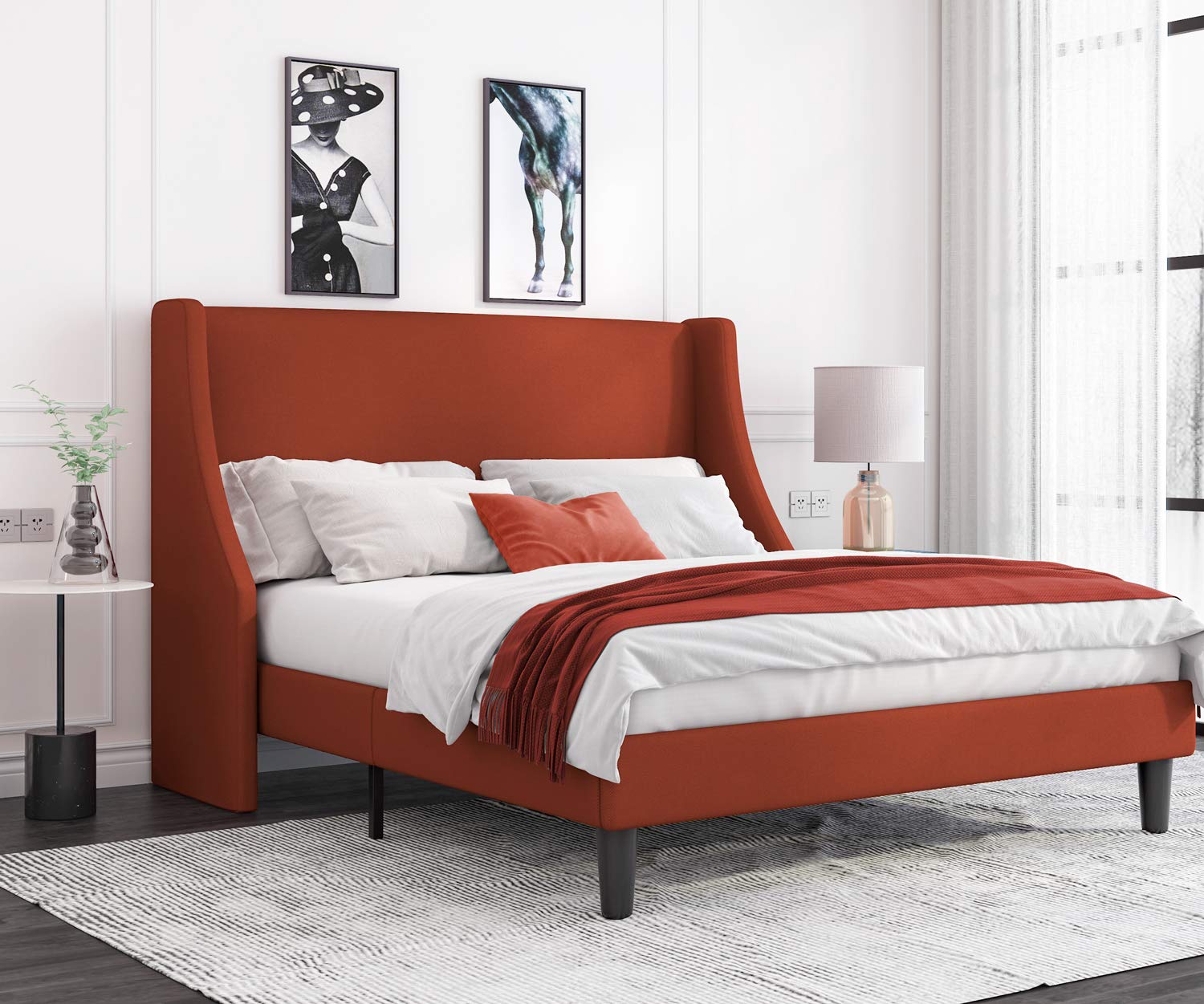 Allewie Queen Size Bed Frame with Upholstered Headboard - Modern Wingback Platform Bed with Wood Slat Support & Mattress Foundation in Burnt Orange - Perfect for Master Bedroom, Guest Room & Apartment Decor