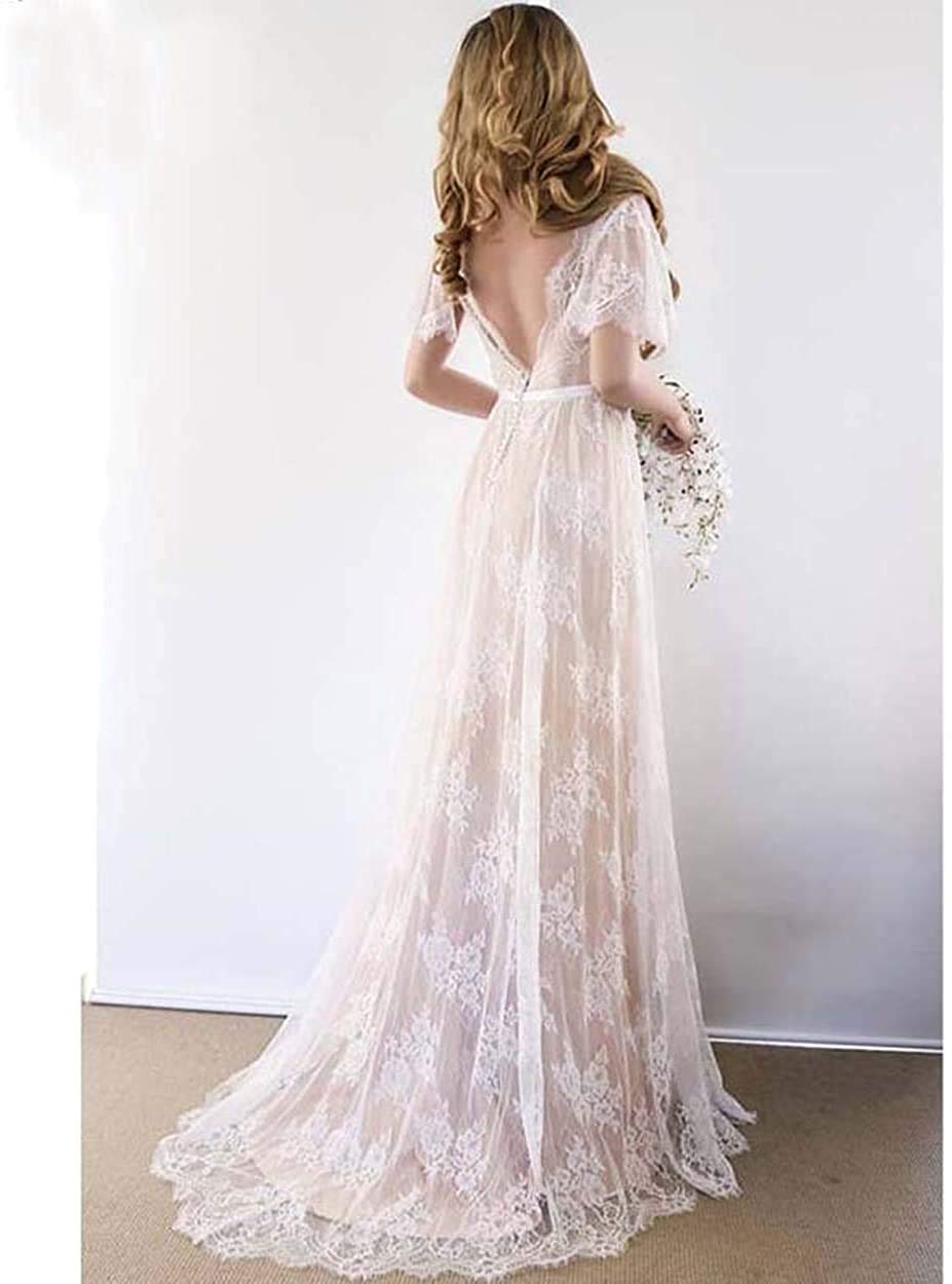 Bohemian Beach Wedding Dress for Women - Short Sleeve V-Neck Lace Bridal Gown | Perfect for Outdoor, Garden & Destination Weddings