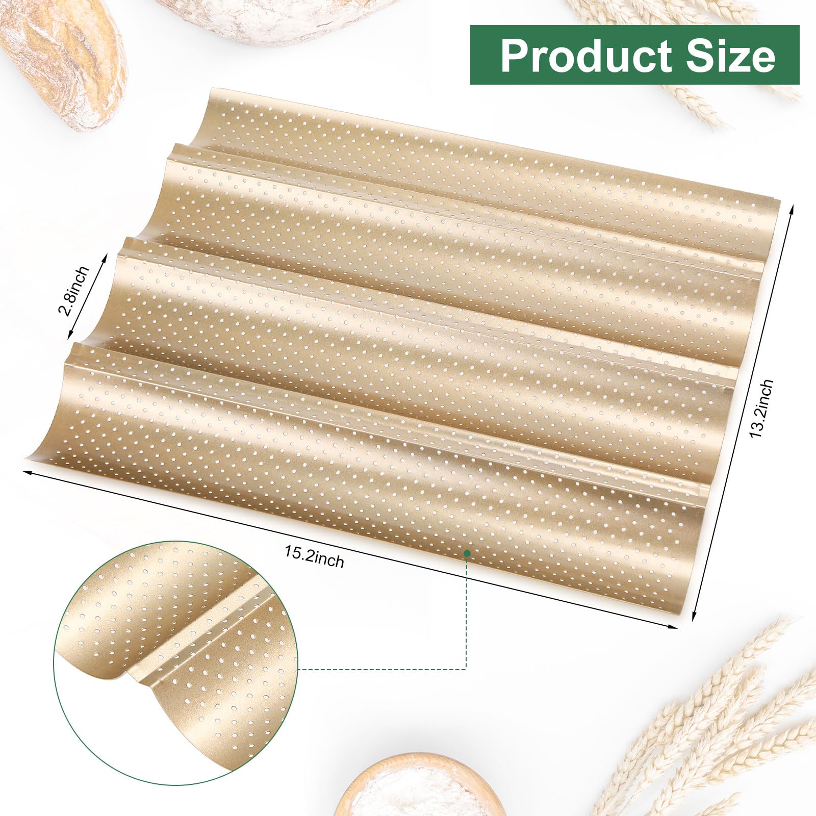 6-Piece Non-Stick Baguette Pan Set - 15x13 Inch Carbon Steel Perforated Bread Mold with 4 Wave Loaves for Baking Sourdough & French Bread - Gold Finish | Perfect for Home Bakers & Professional Kitchens