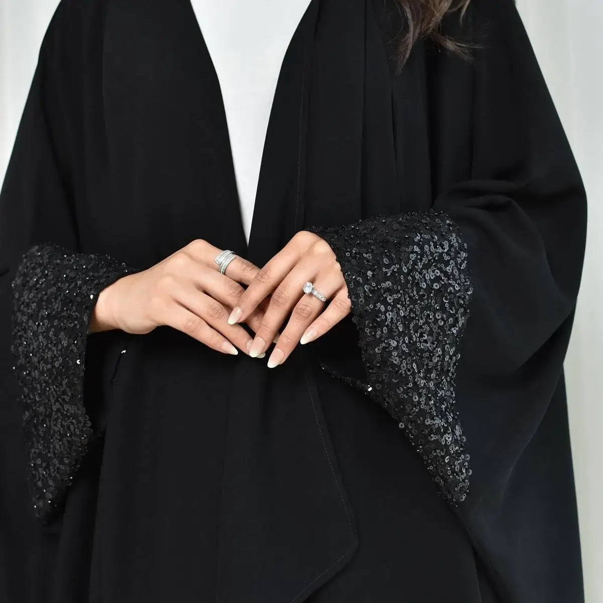 Sequins Cuff Cardigan Open Abaya Dress for Women - Elegant Long Sleeve Muslim Abaya with Beaded Details #24167 | Perfect for Eid, Wedding, Party & Special Occasions
