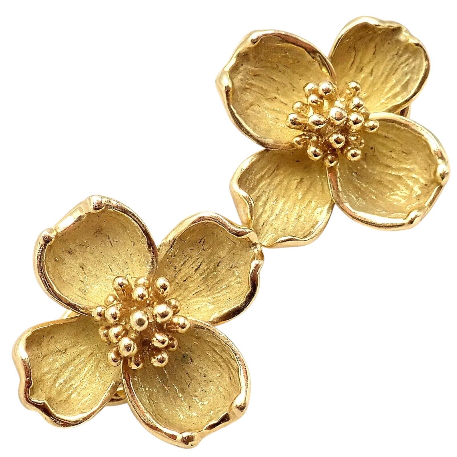 Authentic Vintage Tiffany & Co 18K Yellow Gold Dogwood Flower Earrings - Elegant Jewelry for Women, Perfect Gift for Anniversary, Wedding & Special Occasions