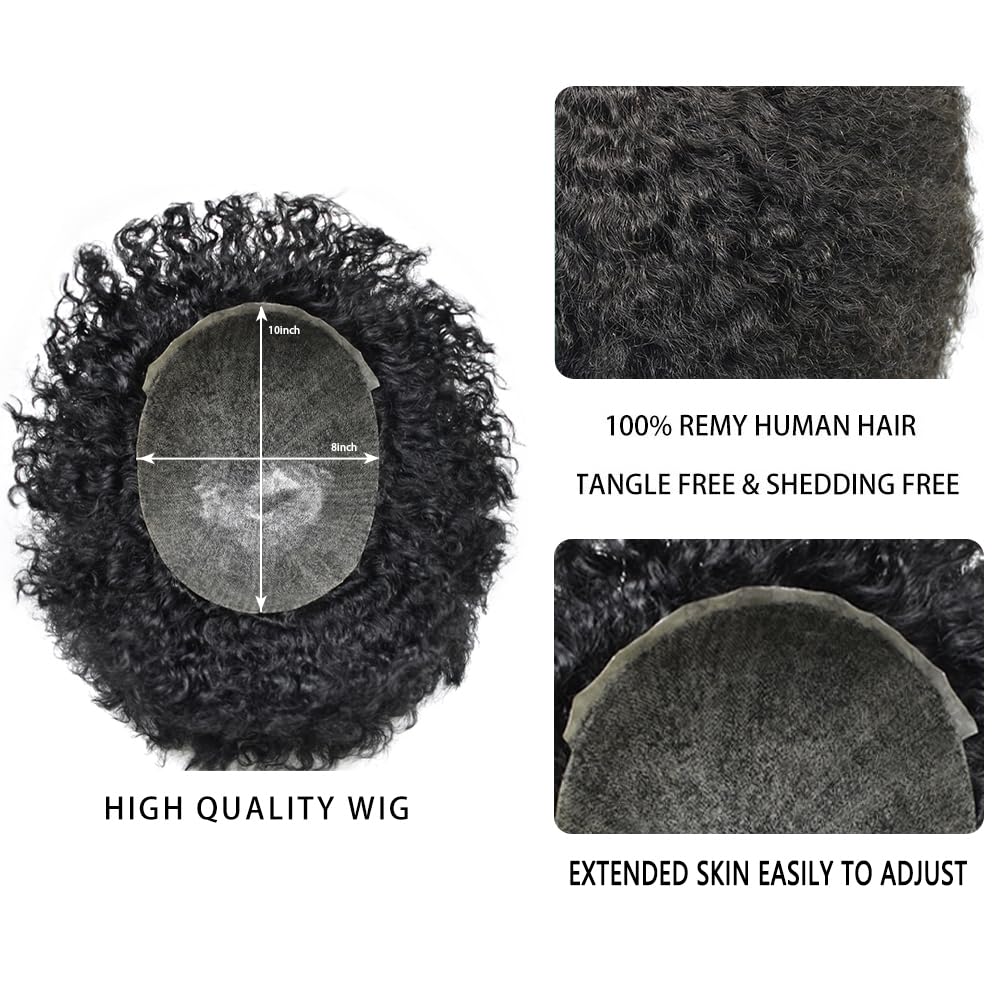 Afro Curl Toupee for Black Men - Brazilian Human Hair Replacement System | PU Injection Thin Skin Weave Hairpiece | Durable 10mm Coily Mens Toupee (Color #1B Off Black) | Perfect for Daily Wear, Special Occasions & African American Hairstyles