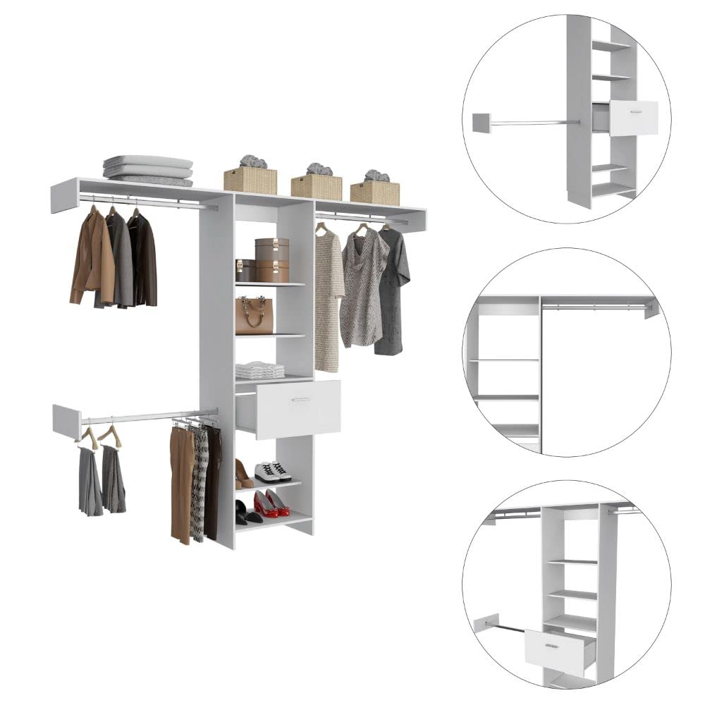 Brisk 250 Closet Organizer System - 5 Open Shelves, 1 Drawer & 3 Metal Rods - White - Perfect for Bedroom, Closet & Home Storage Organization