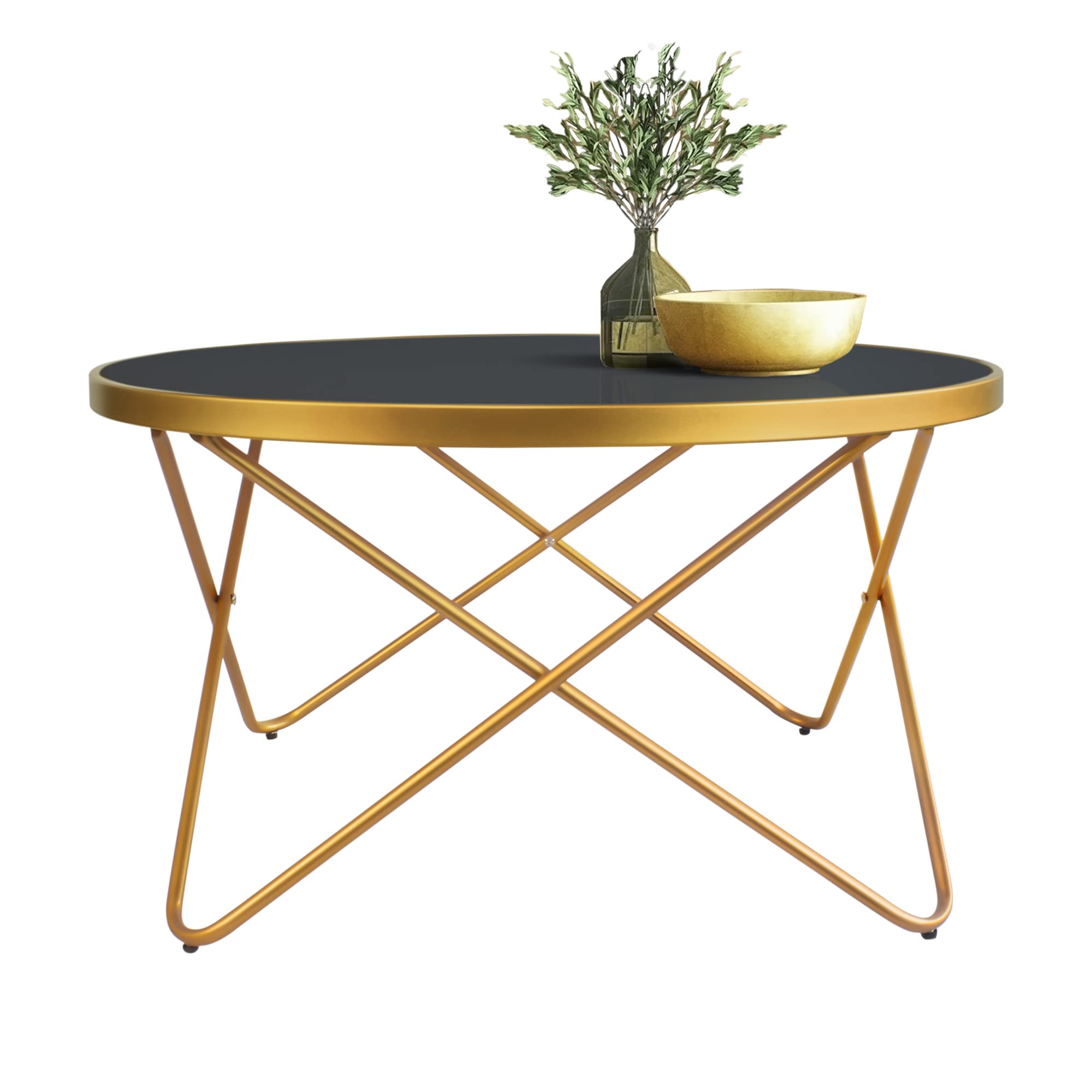Mid Century Modern Round Coffee Table - Gold Metal Frame with Black Glass Top - Stylish Center Table for Living Room, Reception Area - Perfect for Lounge, Office, and Home Decor