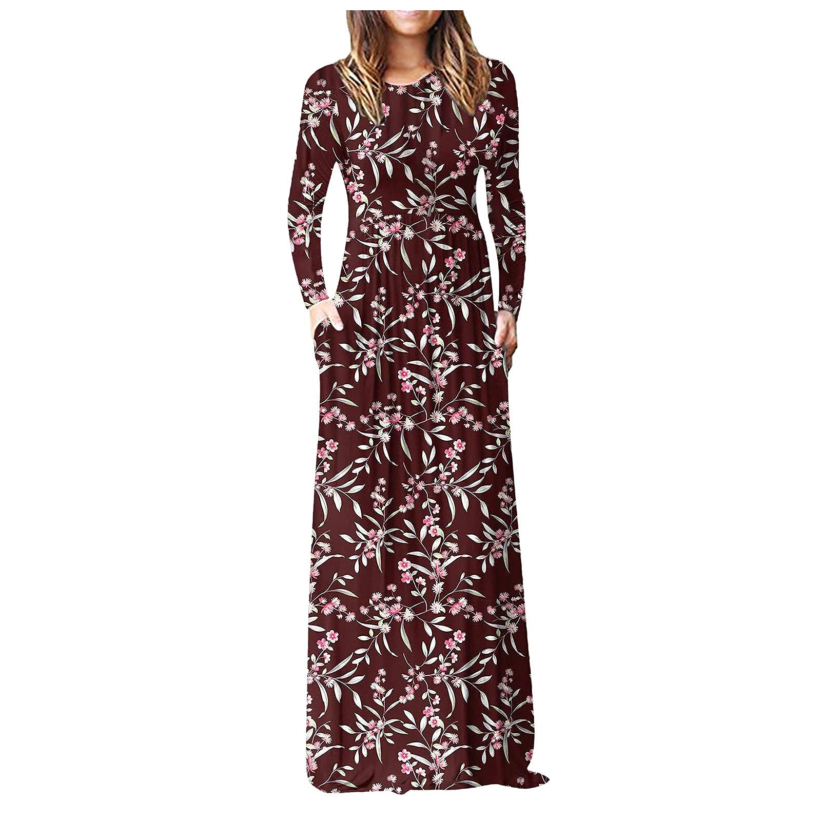Women's Floral Print Long Sleeve Maxi Dress - Hemlock Fall Evening Party Gown with Pockets | Elegant Floor-Length Formal Dress for Weddings, Cocktail Parties & Special Occasions