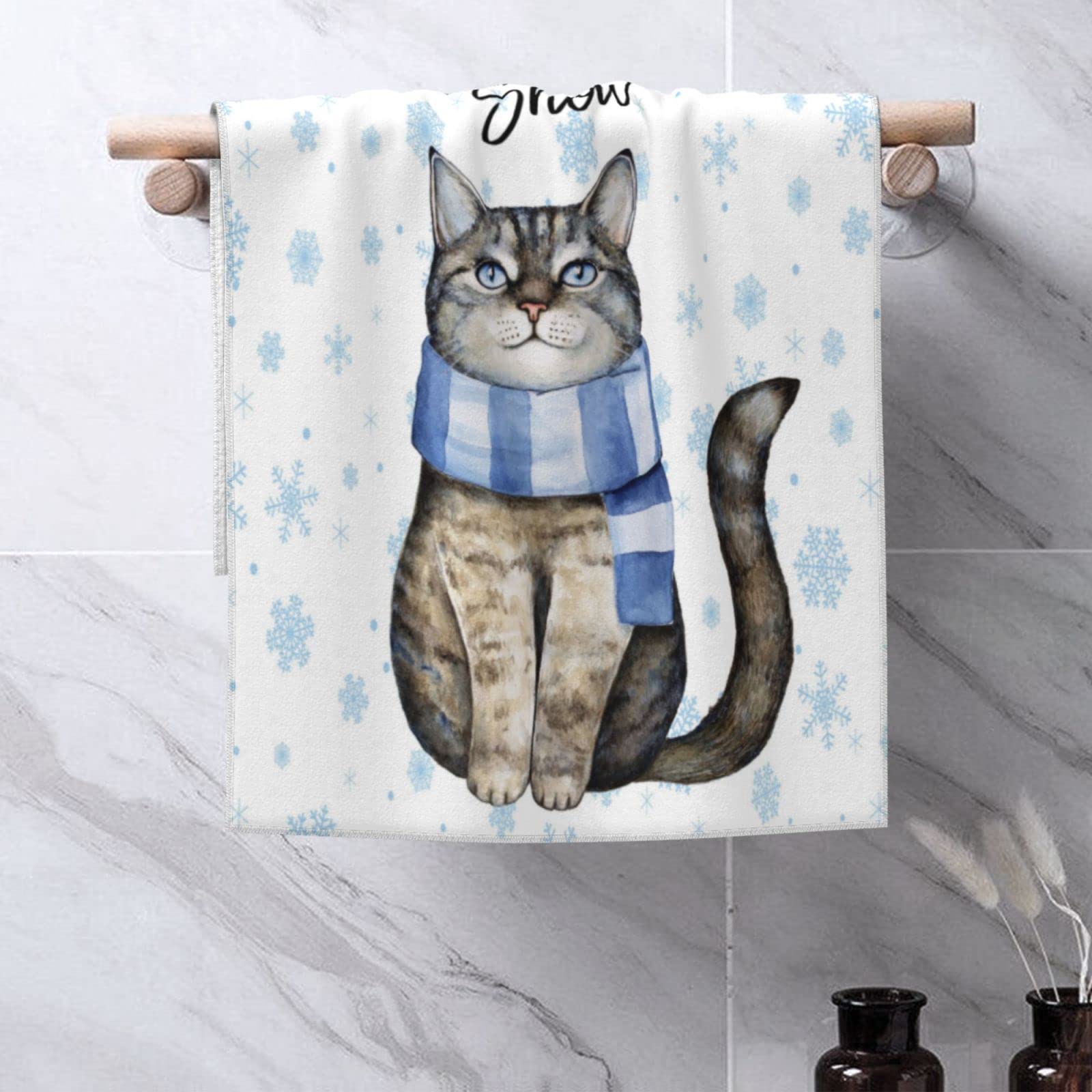 Soft Absorbent Winter Snowflake Cat Hand Towel - Cute Bathroom Towel for Bath, Gym, Spa | Perfect for Home Decor & Gift Giving