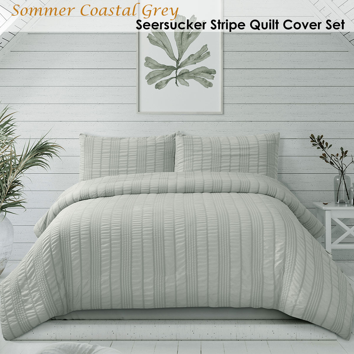 Ardor Sommer Coastal Grey Seersucker Stripe Quilt Cover Set Queen Size - Lightweight Summer Bedding for Coastal & Beach House Decor