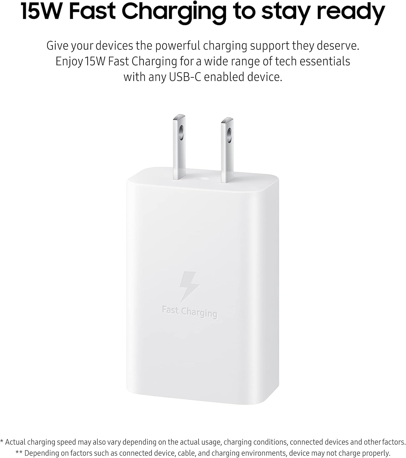 Samsung 15W Fast Wall Charger USB-C Power Adapter - White (Retail Packaging) | Quick Charge for Galaxy Phones, Tablets & More | Perfect for Home, Office & Travel