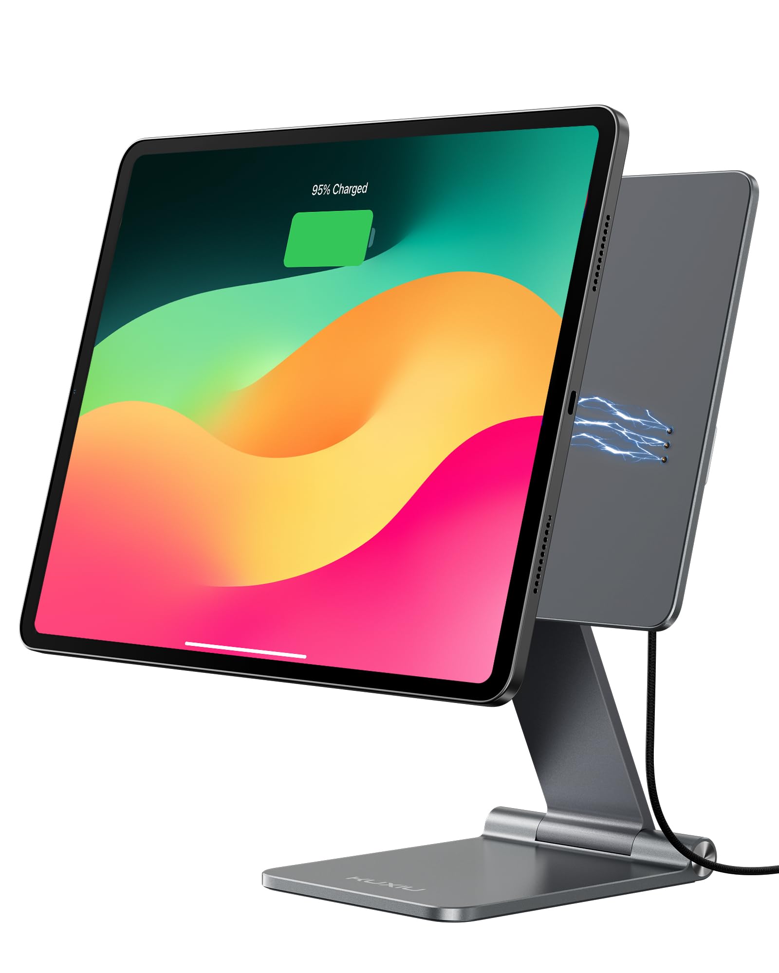 Magnetic Wireless Charging Stand for iPad Pro 13 M4 2024 - Aluminum Alloy Foldable Tablet Stand Holder with 360° Adjustable Angle & 1M USB-C Cable - Perfect for Home Office, Desk Work, Watching Videos & Hands-Free Charging