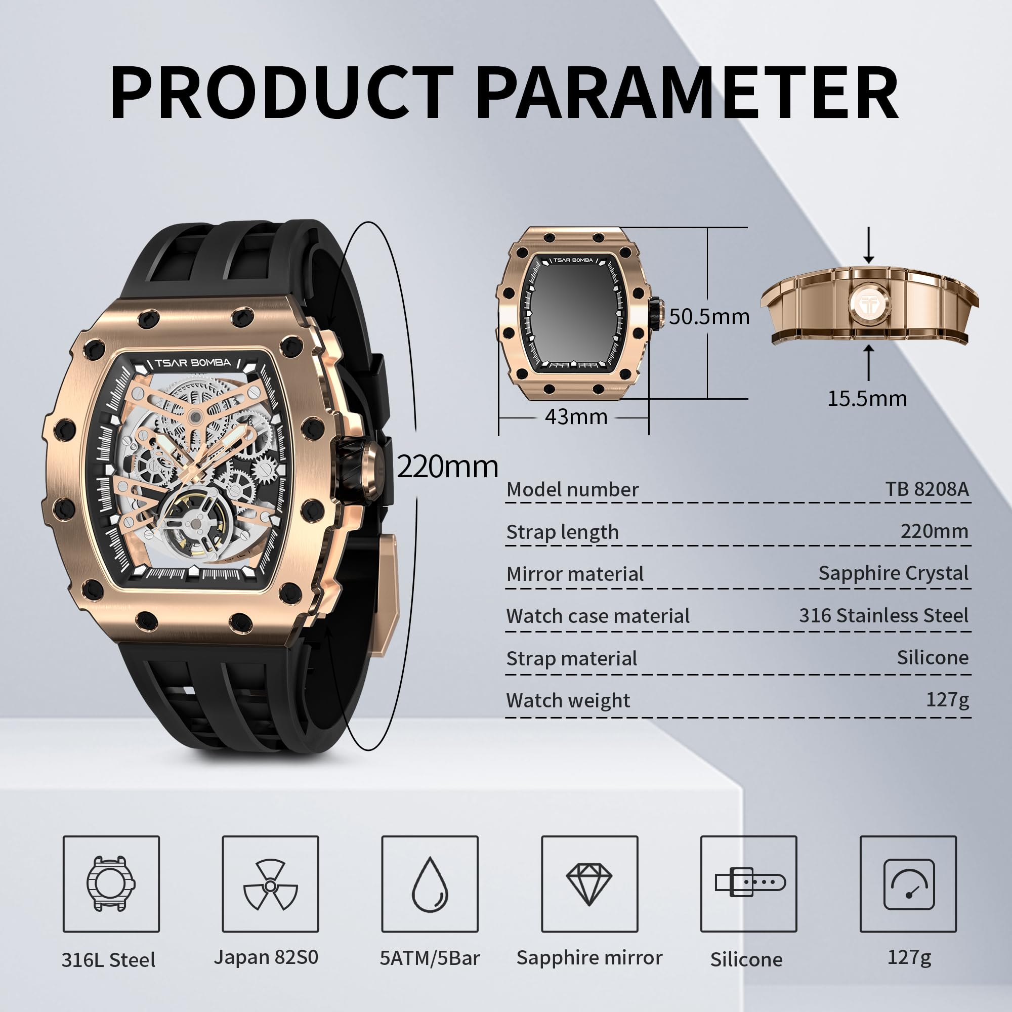Luxury Men's Tonneau Watch - 50M Waterproof Mechanical Chronograph with Silicone Band | Perfect for Business, Casual & Outdoor Activities | Great Gift for Men