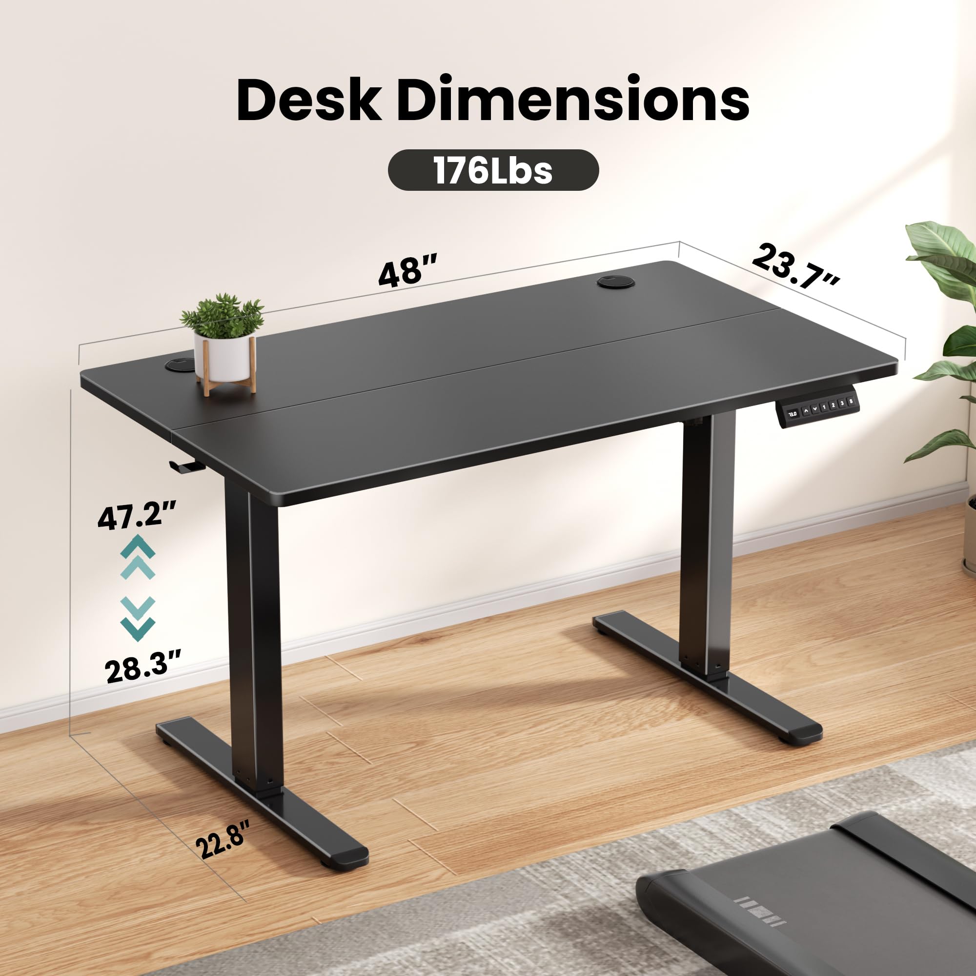 Adjustable Electric Standing Desk 48 x 24 Inches - Memory Height Sit Stand Desk for Home Office with Hook, Black | Ergonomic Workspace Solution for Productivity & Comfort