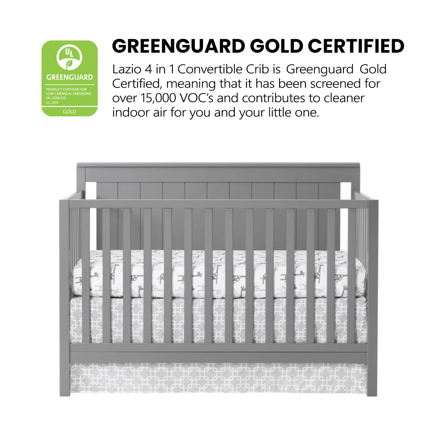 Oxford Baby Lazio 4-in-1 Convertible Crib - GREENGUARD Gold Certified Safe Nursery Furniture, Dove Gray Finish | Perfect for Newborn to Toddler Bedroom & Daycare Centers