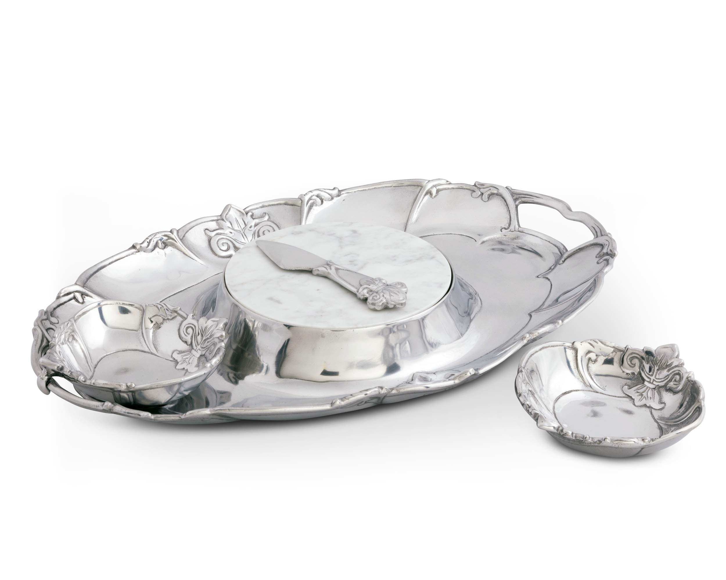 Arthur Court Designs Aluminum Fleur-De-Lis 5-Piece Cheese & Chip Serving Set with Two Bowls, Spreader, Marble Base, and 20x13 Inch Tray – Perfect for Parties, Entertaining, and Gourmet Snack Presentation