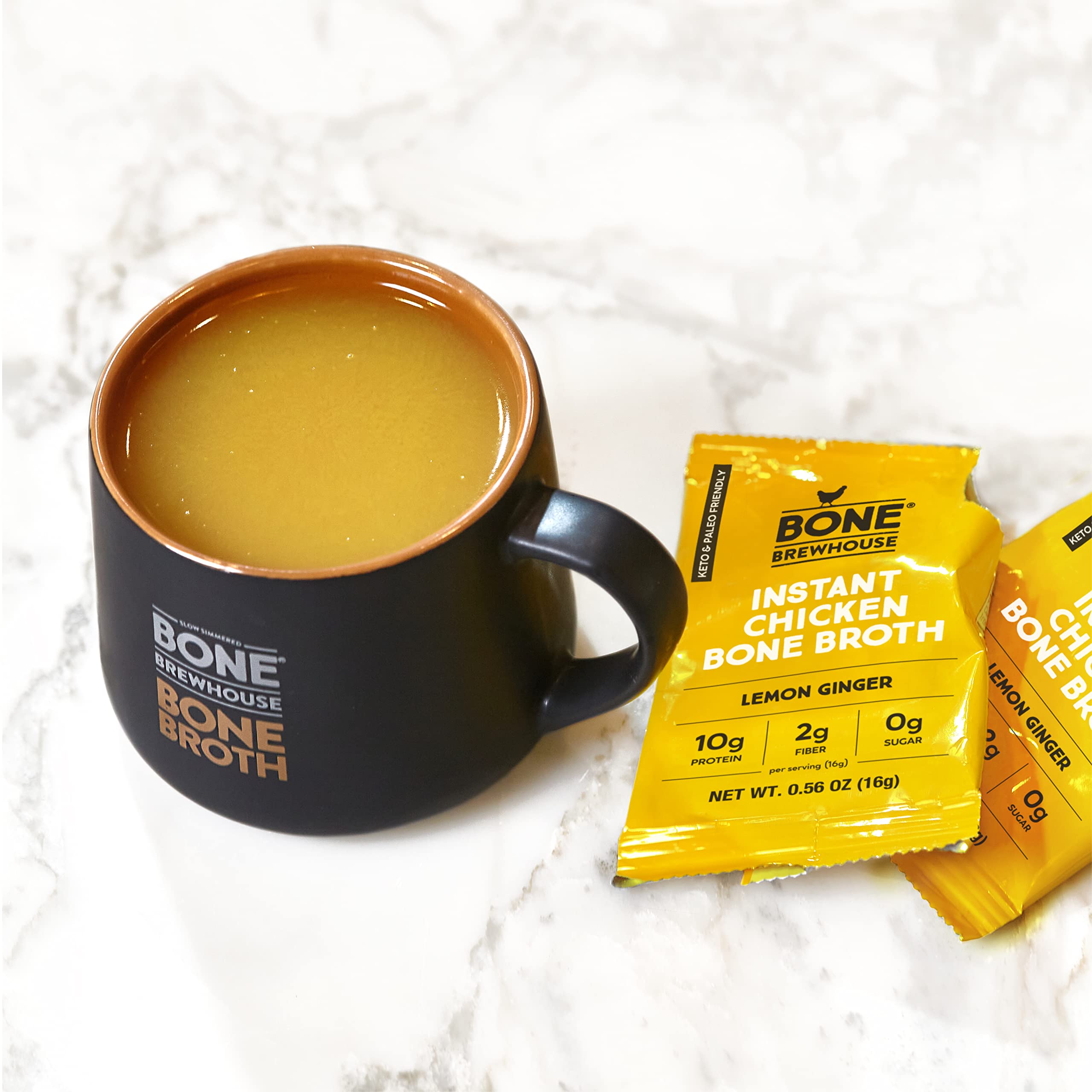 Bone Brewhouse Chicken Bone Broth Protein Powder - Lemon Ginger Flavor - Keto Paleo Friendly Instant Soup - 10g Protein per Serving - Natural Collagen Supplement - Gluten Free Dairy Free - 5 Servings - Perfect for Post-Workout Recovery & Keto Diet Meals