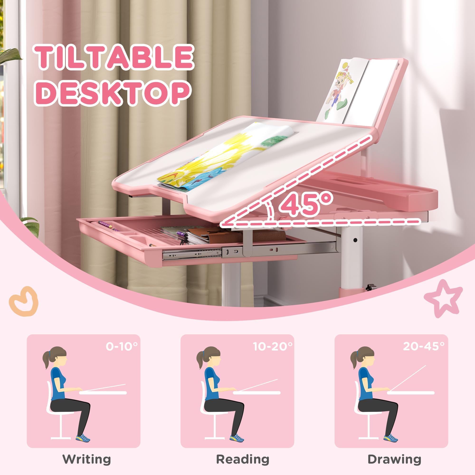 Qaba Adjustable Kids Desk and Chair Set with Storage Drawer & Book Stand - Ergonomic Study Desk for Writing, Reading, Drawing - Perfect for Homeschooling & Online Learning (Pink)