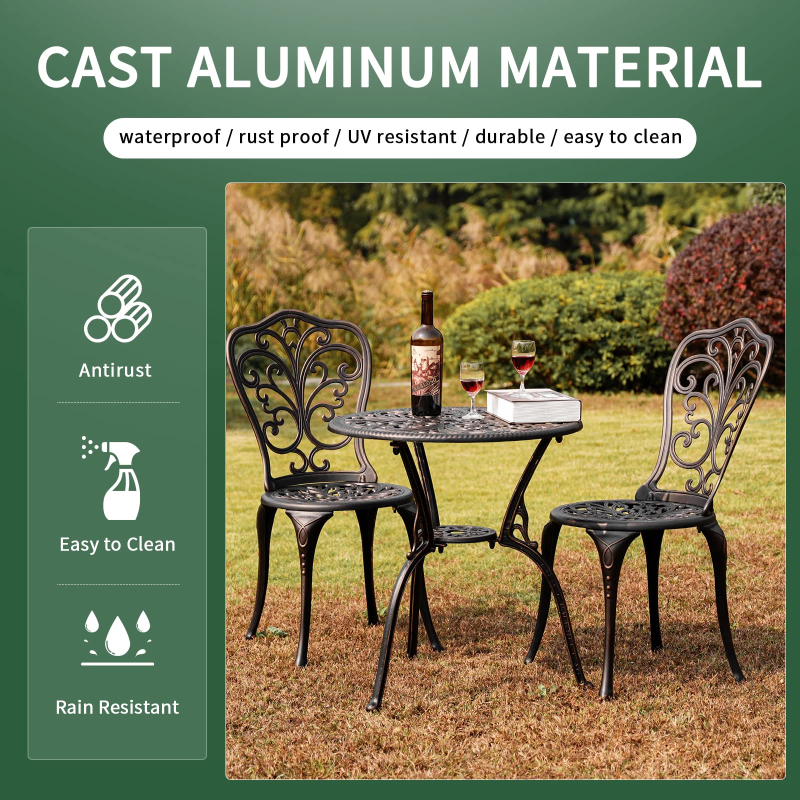 Outdoor Bistro Set 3-Piece Patio Furniture with Umbrella Hole - Weather-Resistant Bronze Bistro Table and 2 Chairs for Garden, Porch, Deck & Backyard Dining