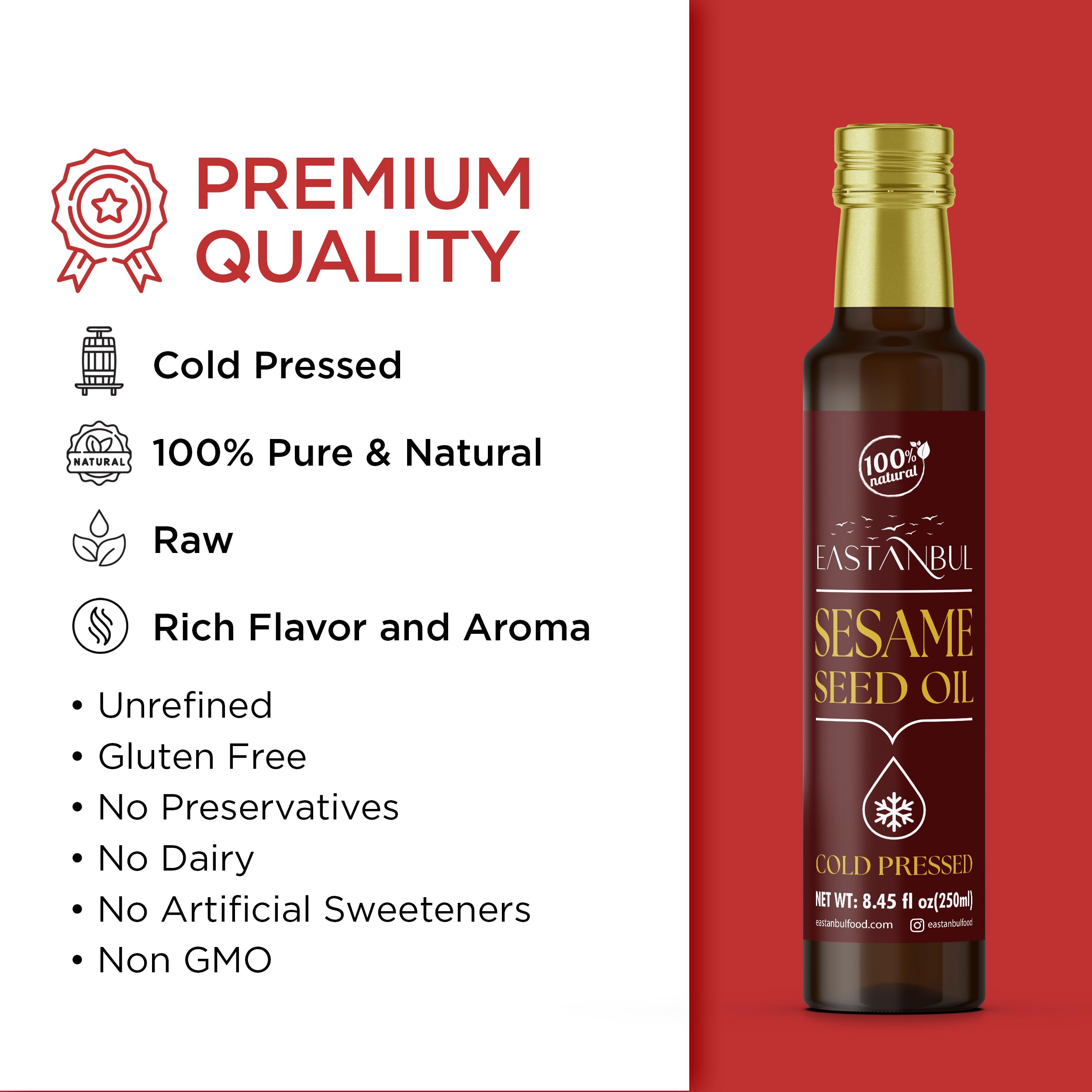 Premium Cold Pressed Sesame Oil - 8.45 Fl Oz, 100% Pure & Natural, Unrefined, Non-GMO, Vegan - Perfect for Asian Cooking, Salad Dressings, Rice Dishes & Stir Fry - Eastanbul Raw Sesame Oil (Aceite de Ajonjoli)
