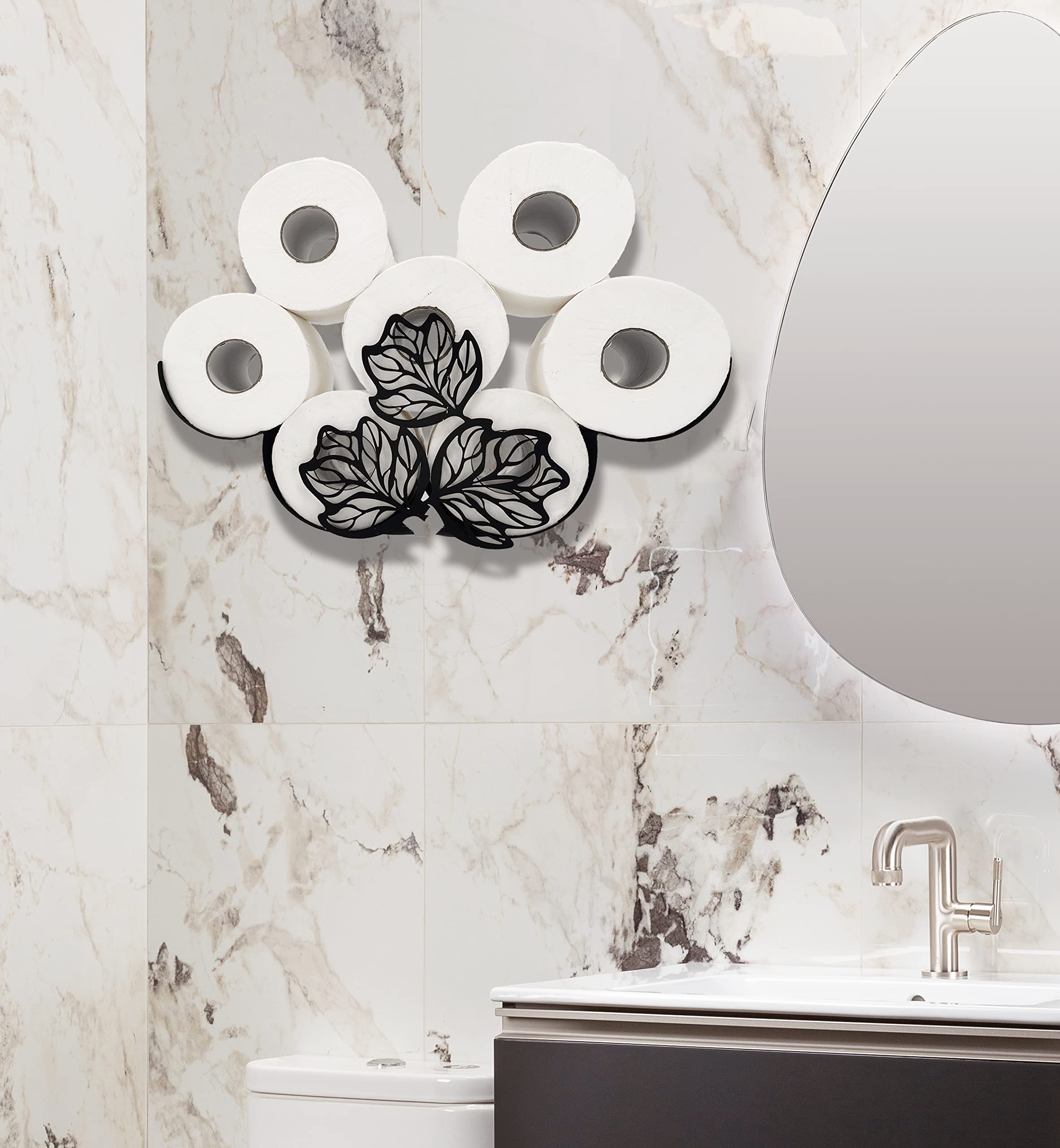 Black Metal Leaves Wall-Mounted Toilet Paper Holder - Animal Decorative Tissue Storage Organizer for Bathroom - Holds 8 Extra Rolls - Perfect for Home, Apartment, and RV Bathroom Decor