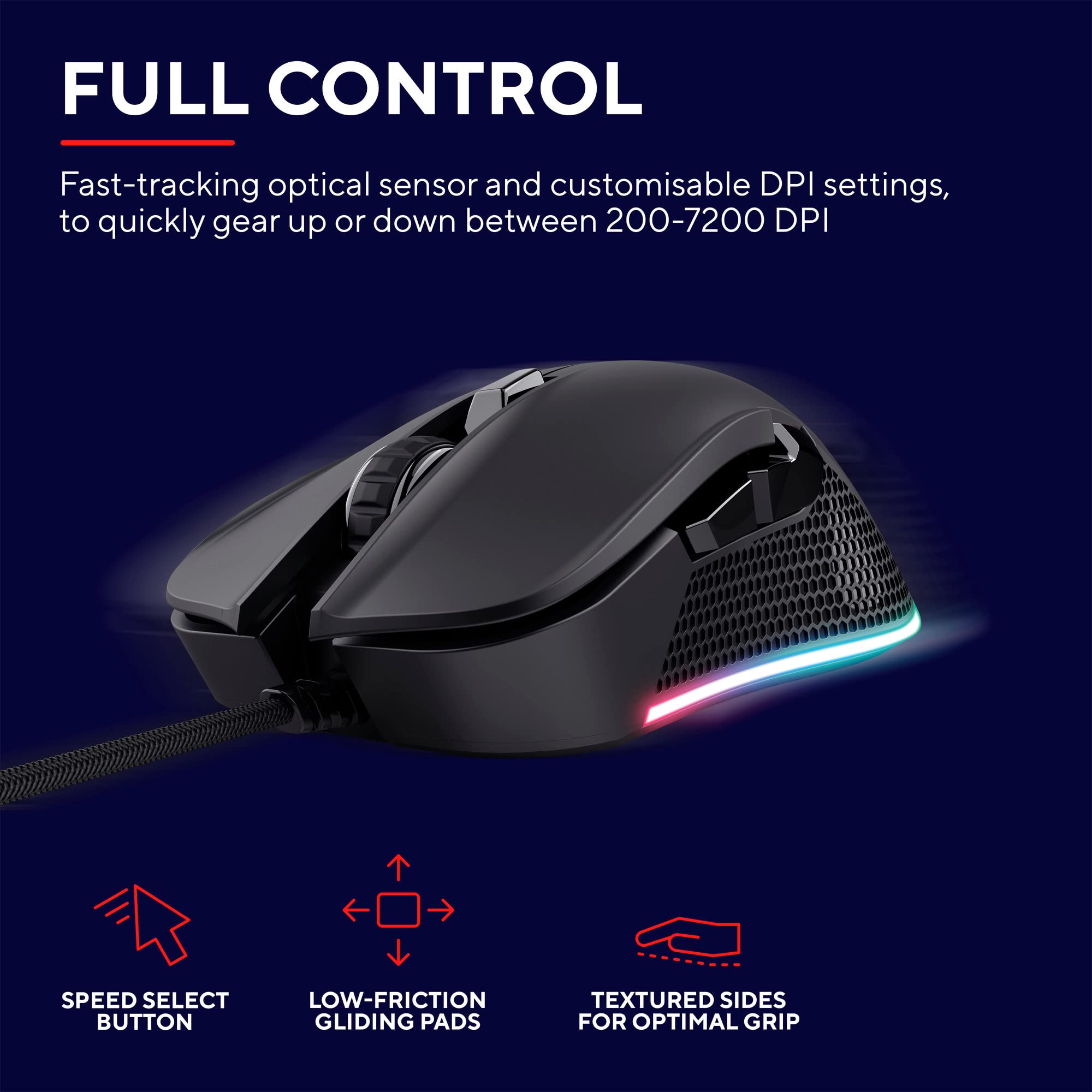 Trust GXT 922 Ybar Gaming Mouse - 200-7200 DPI Adjustable, RGB LED Backlit, 6 Programmable Buttons with Advanced Software, 2.1m Braided USB Cable for PC, Laptop, Mac (Black) - Perfect for FPS, MOBA & MMO Gaming