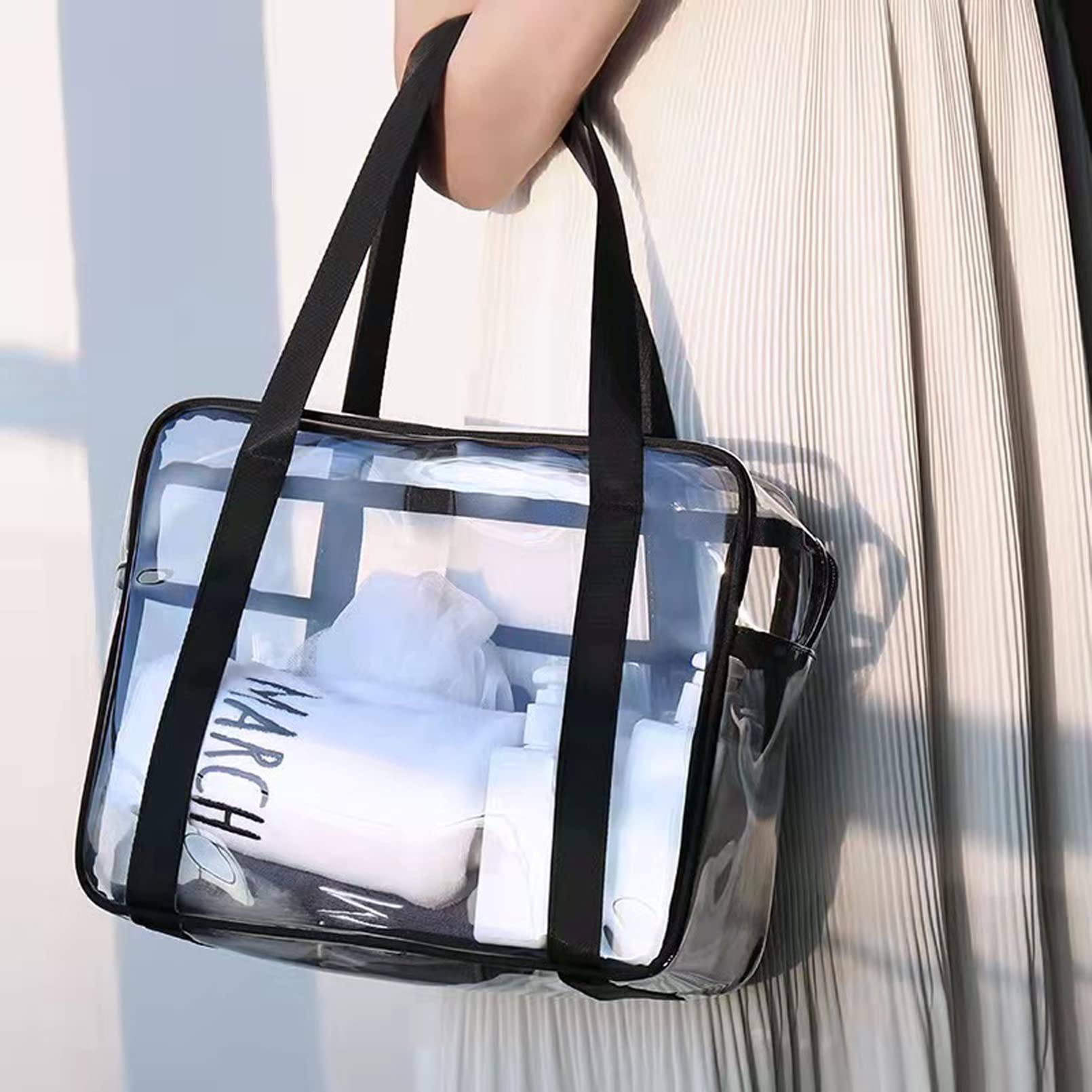 SxoSyo Large Clear Makeup Bag for Women - Transparent Travel Toiletry Organizer with Handle, Waterproof Cosmetic Storage Pouch (Black) | Perfect for Bathroom Organization, Gym Essentials & Airplane Carry-on
