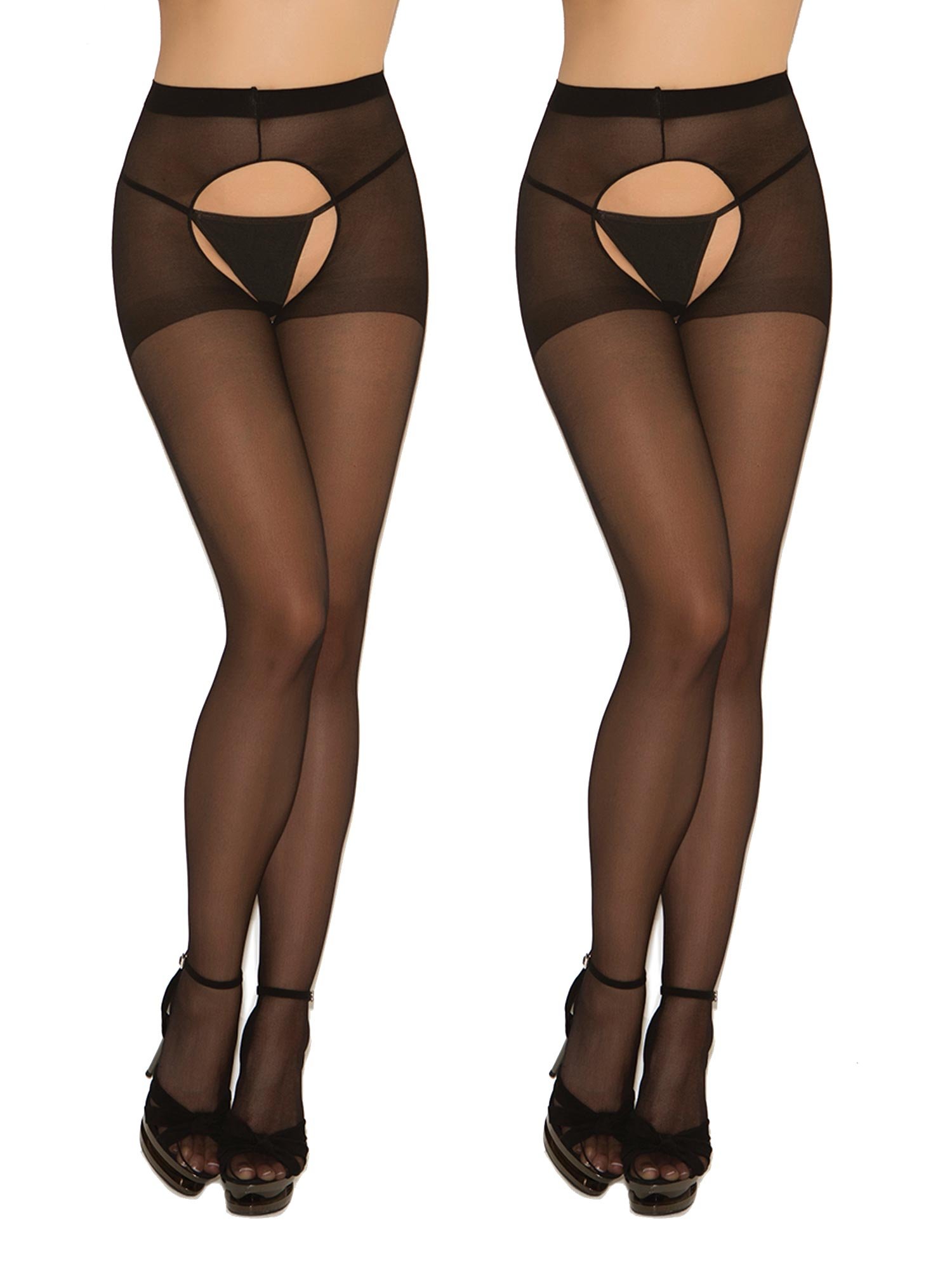 Angelique Women's Sheer Black Crotchless Pantyhose - 2 Pack Sexy Stockings for Lingerie, Role Play & Intimate Occasions