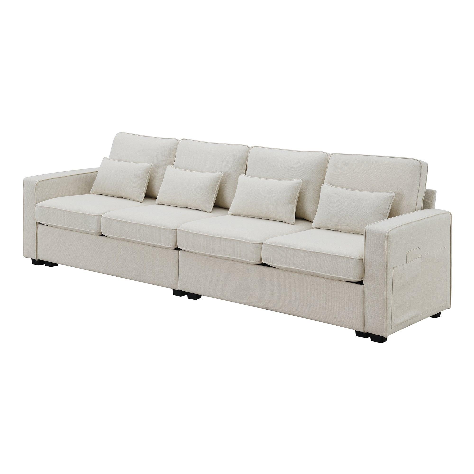 Modern 4-Seater Linen Fabric Sofa with Armrest Storage Pockets & 4 Throw Pillows - Minimalist Living Room Couch for Small Spaces, Apartments and Cozy Home Decor