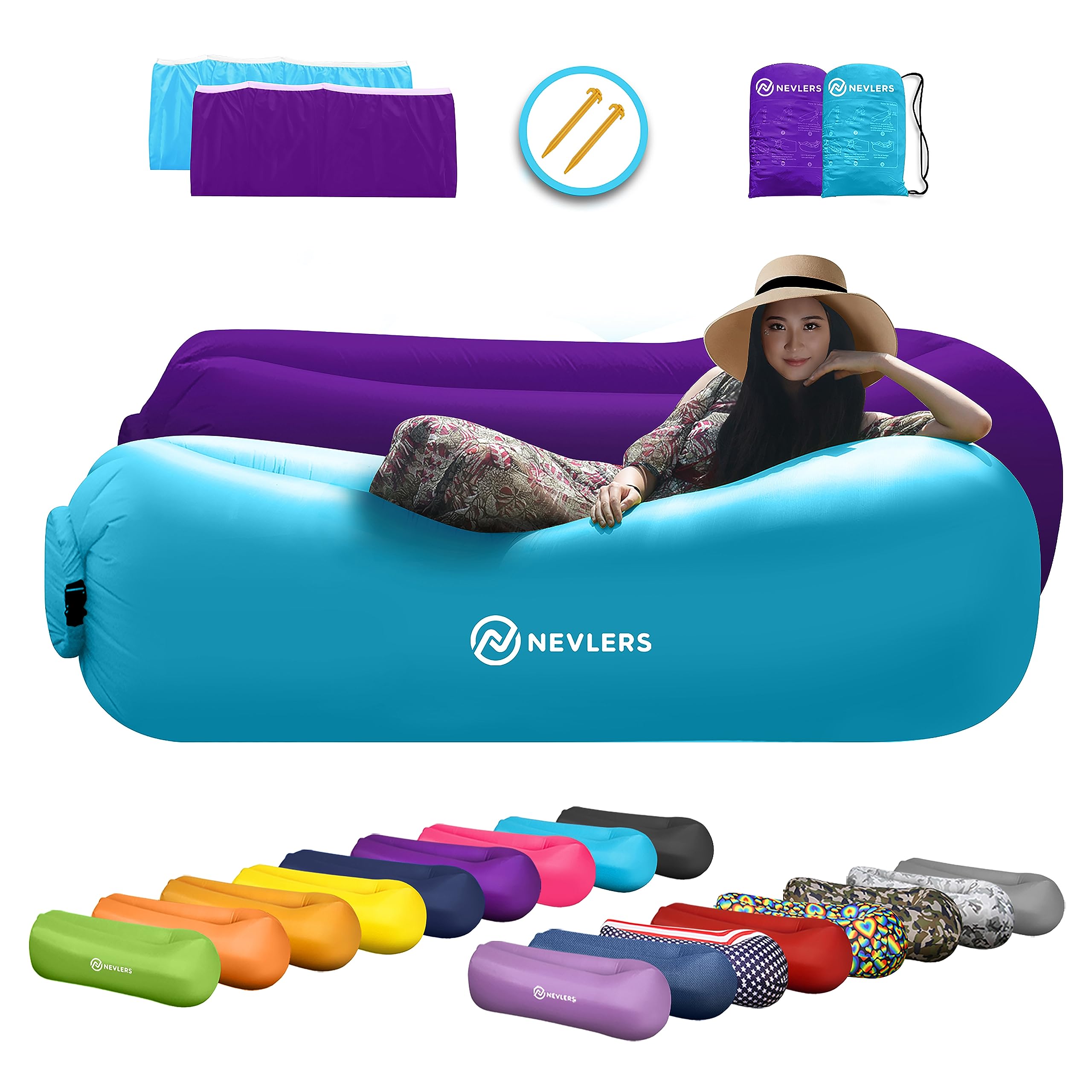 Nevlers 2 Pack Inflatable Loungers Air Sofa Couch - Portable Blow Up Outdoor Furniture for Beach, Camping, Travel & Backyard | Includes Travel Bag, Pegs & Storage Pockets | Perfect for Relaxing, Sunbathing, Picnics & Outdoor Movie Nights