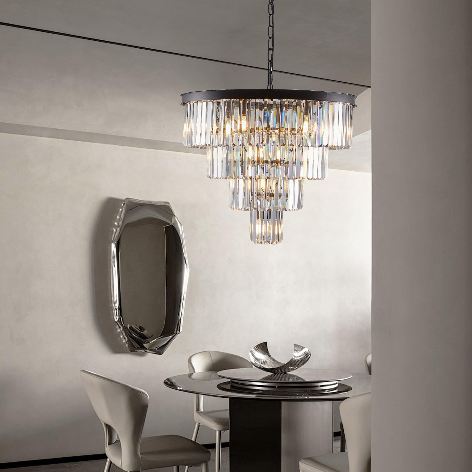 Modern Crystal Chandelier - 4 Tier Black Ceiling Light Fixture for Dining Room, Living Room, Bedroom | Elegant Contemporary Lighting Design (Bulbs Not Included) | Perfect for Home Decor, Wedding Venues & Luxury Interiors